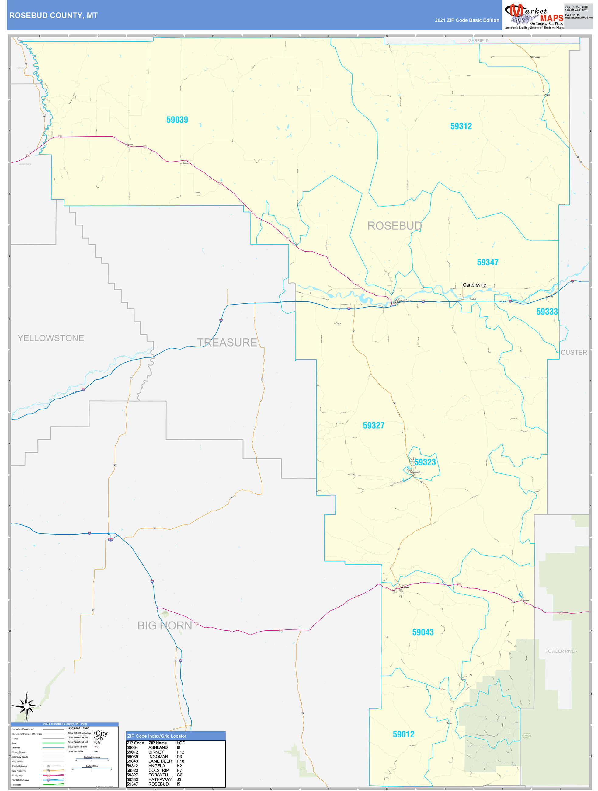 Rosebud County, MT Zip Code Wall Map Basic Style by MarketMAPS