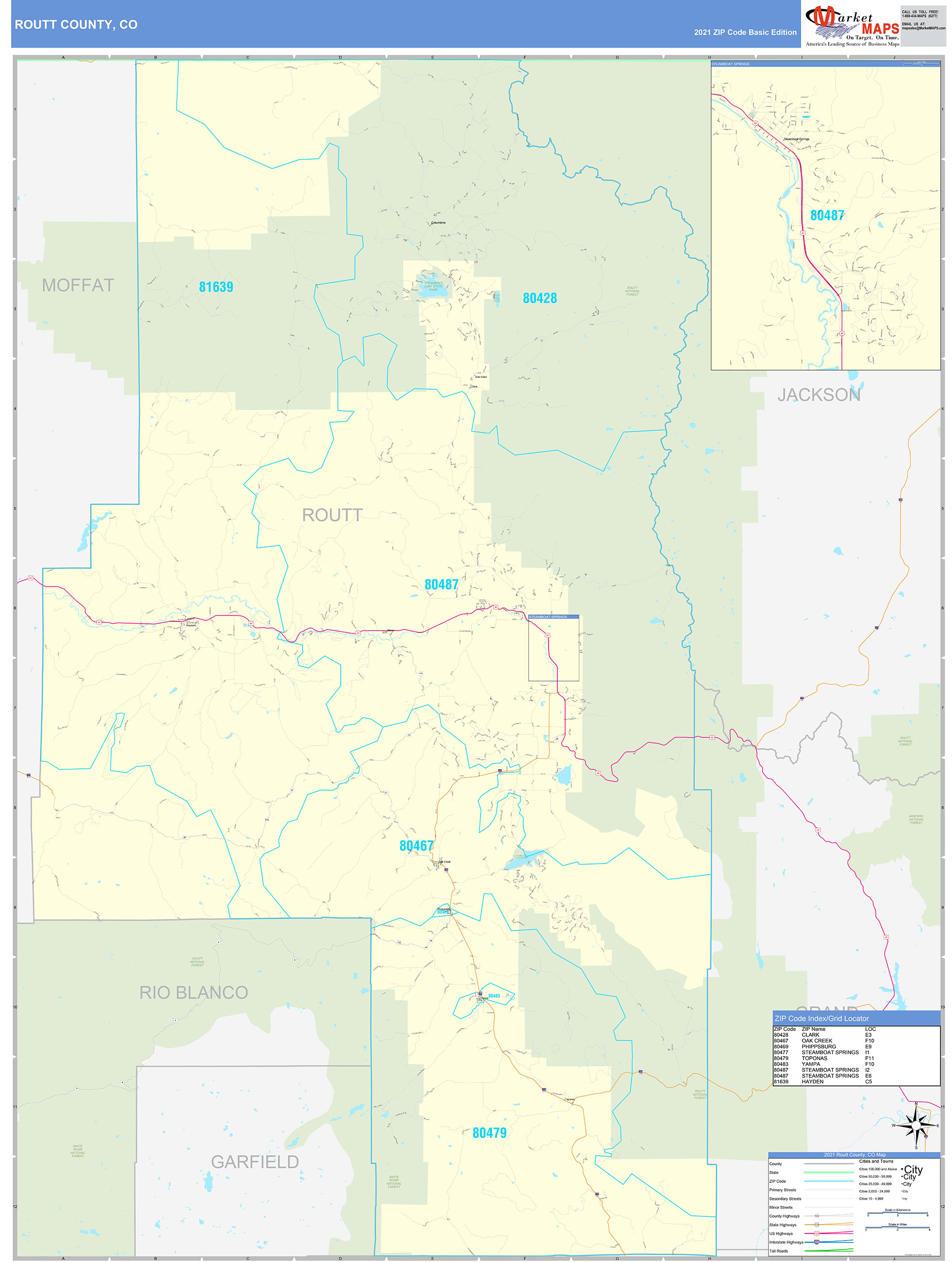 Routt County, CO Zip Code Wall Map Basic Style by MarketMAPS - MapSales