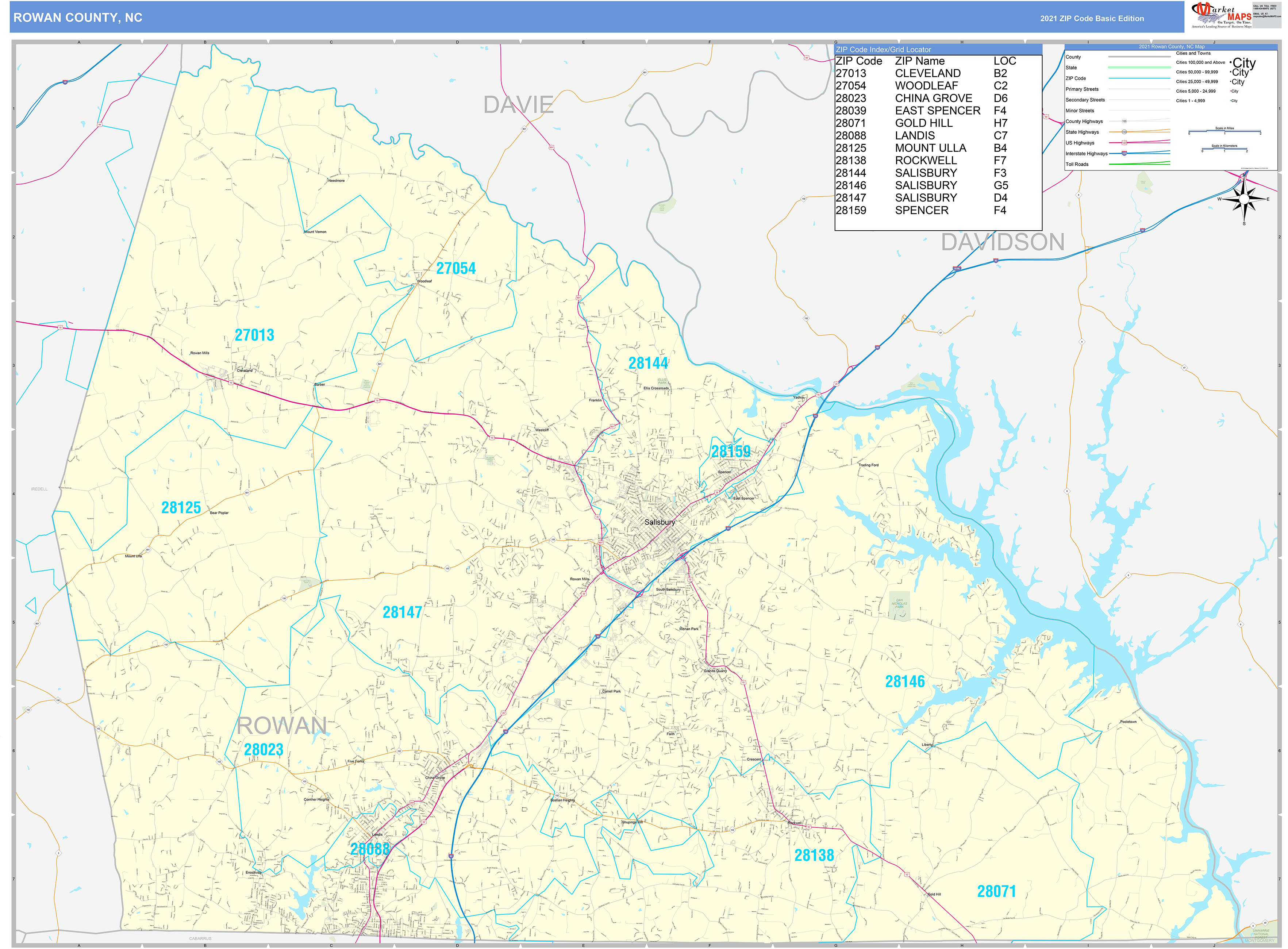 Rowan County, NC Zip Code Wall Map Basic Style by MarketMAPS - MapSales.com