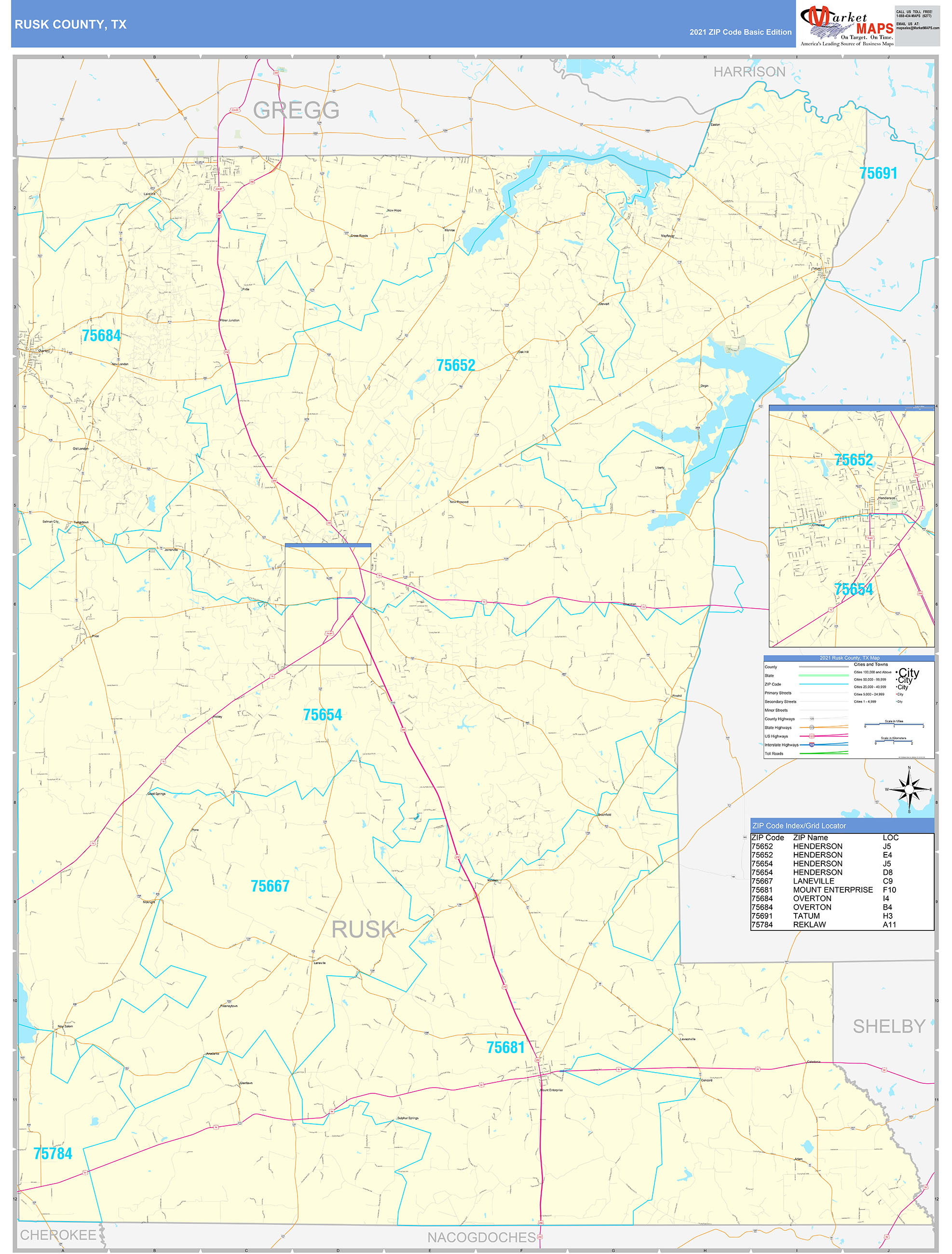 Rusk County, TX Zip Code Wall Map Basic Style by MarketMAPS - MapSales