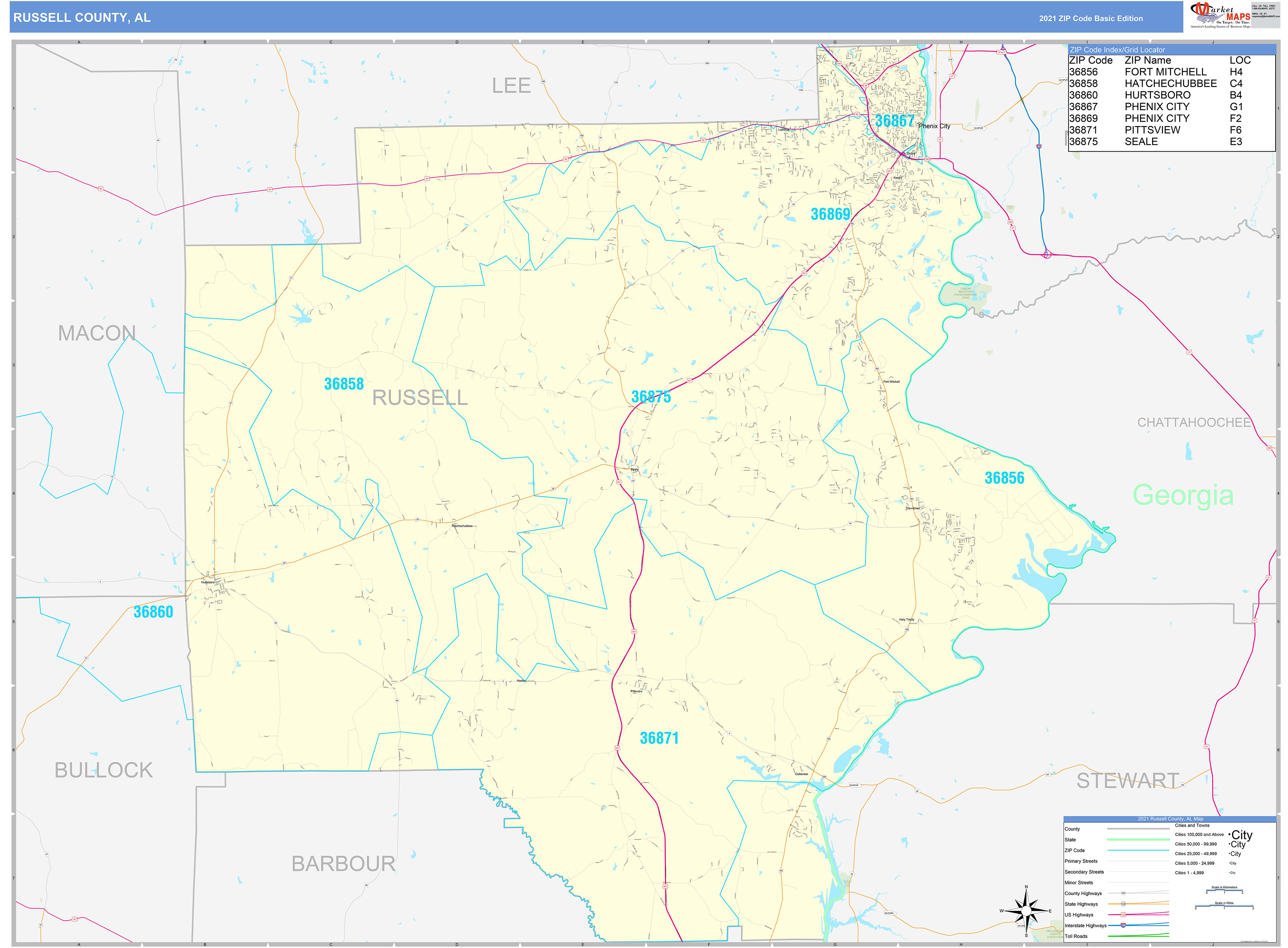 Russell County, AL Zip Code Wall Map Basic Style by MarketMAPS - MapSales