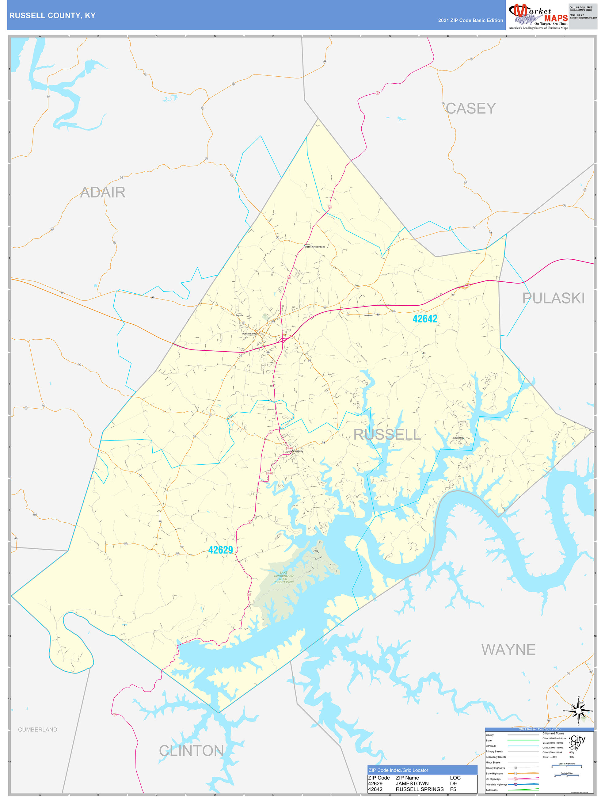 Russell County, KY Zip Code Wall Map Basic Style by MarketMAPS MapSales