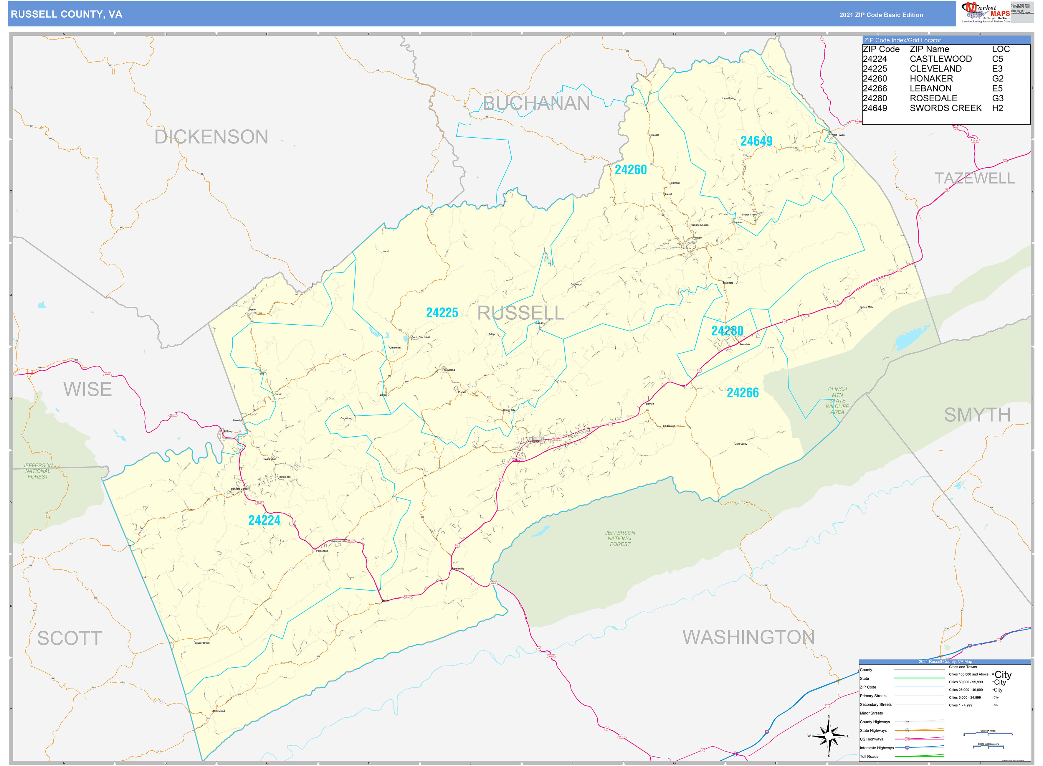 Russell County, VA Zip Code Wall Map Basic Style by MarketMAPS MapSales