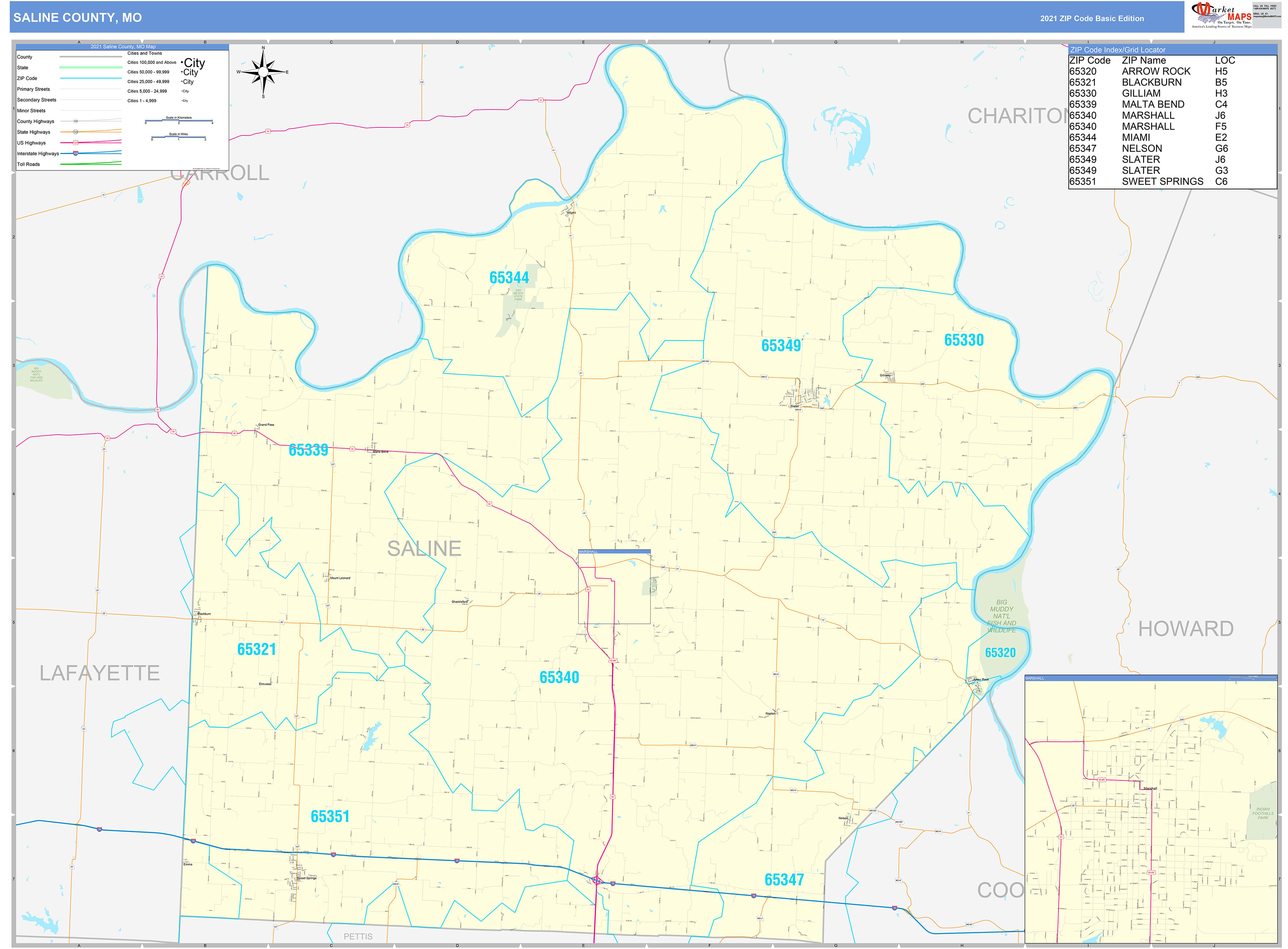 Saline County, MO Zip Code Wall Map Basic Style by MarketMAPS MapSales