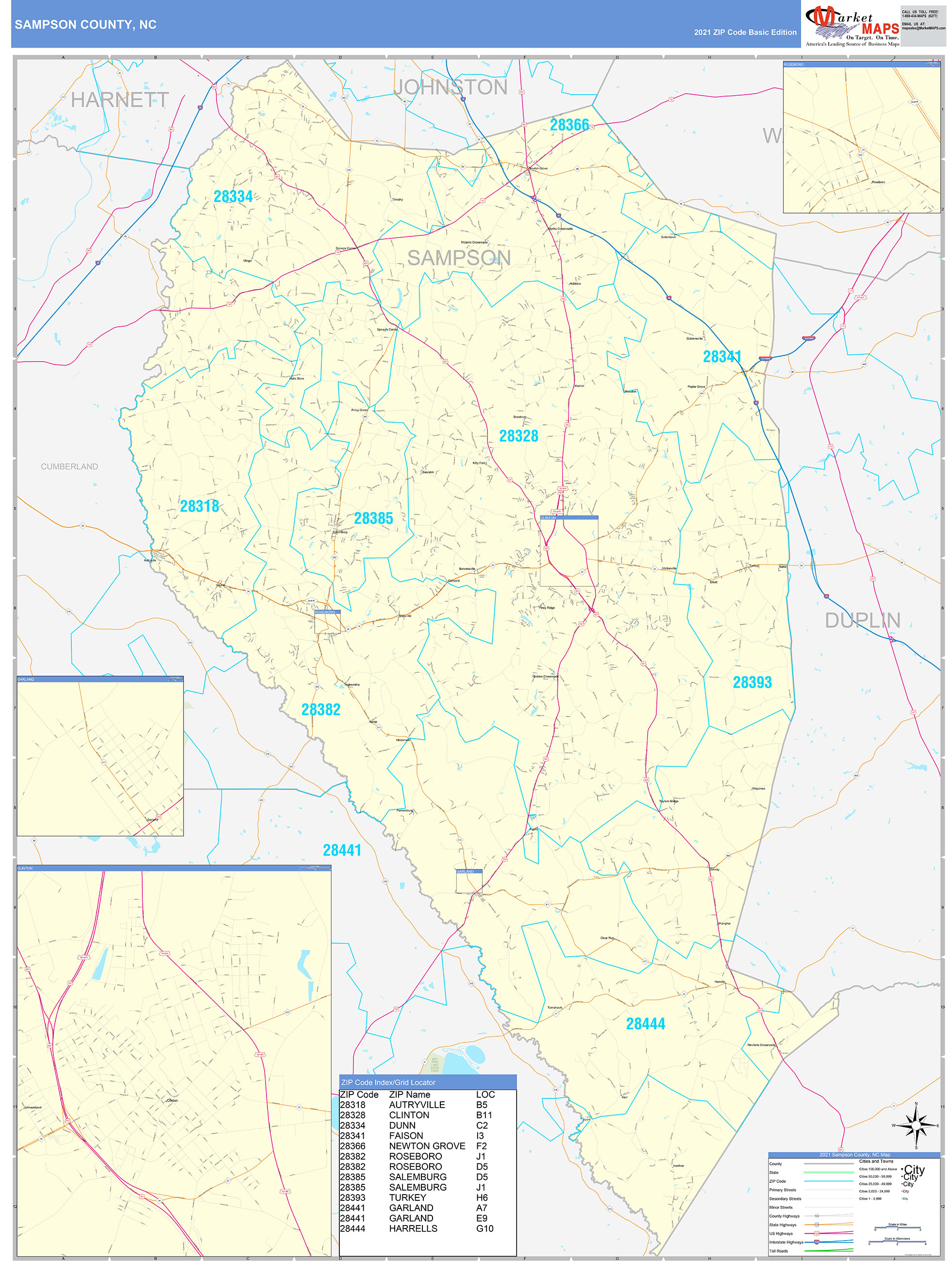 Sampson County, NC Zip Code Wall Map Basic Style by MarketMAPS - MapSales