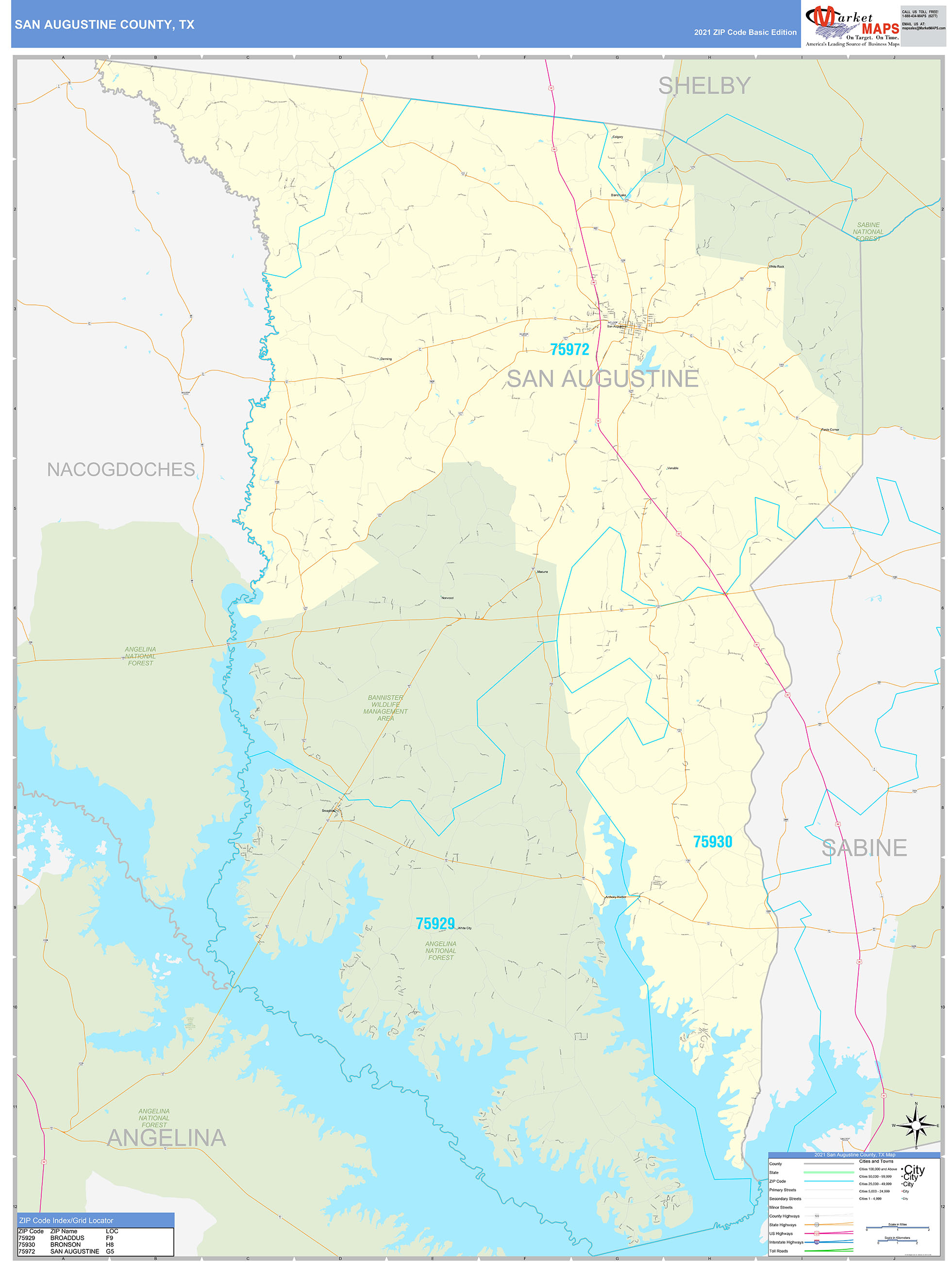 San Augustine County, TX Zip Code Wall Map Basic Style by MarketMAPS