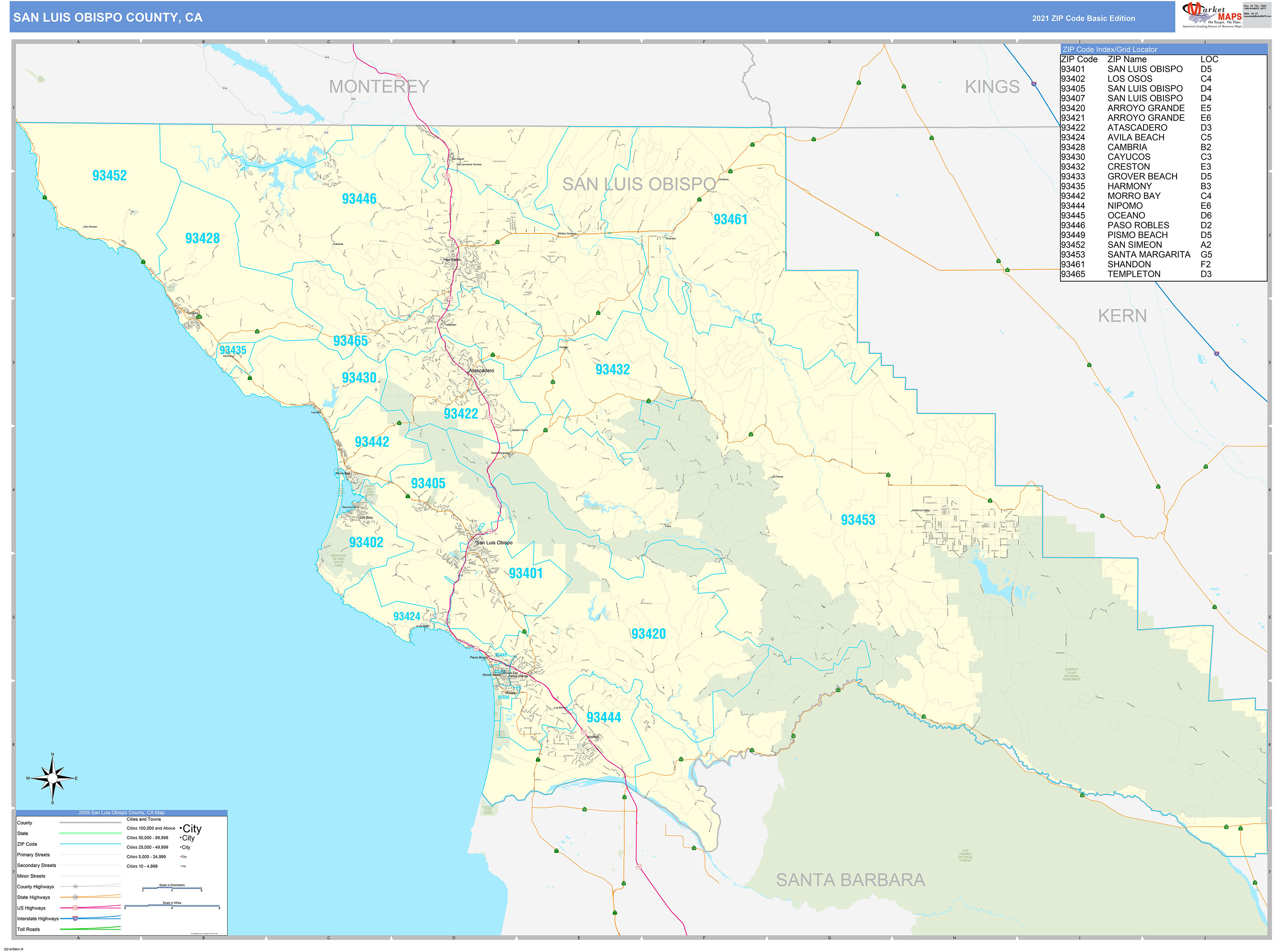 San Luis Obispo County, CA Zip Code Wall Map Basic Style by MarketMAPS