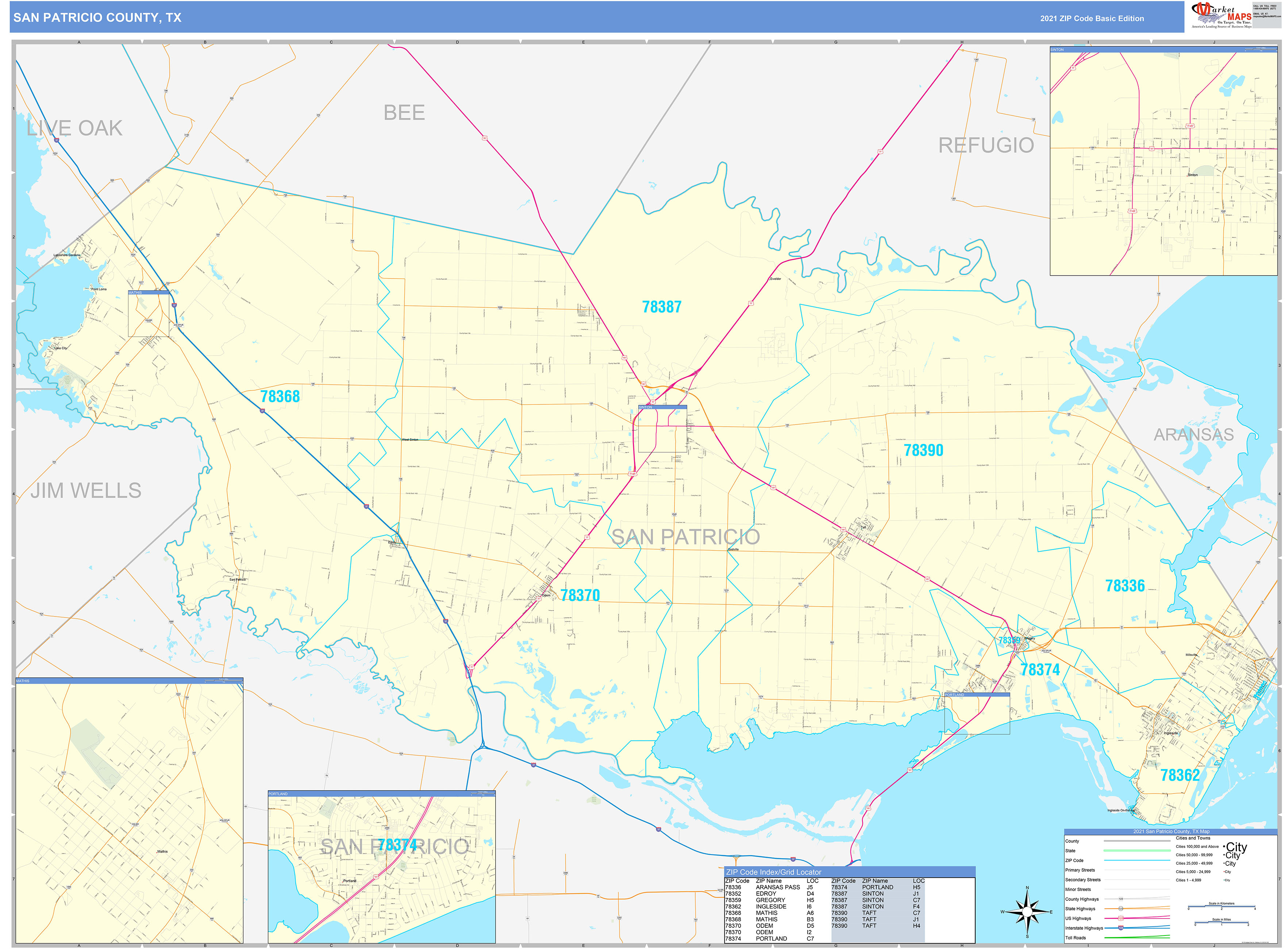 San Patricio County, TX Zip Code Wall Map Basic Style by MarketMAPS 