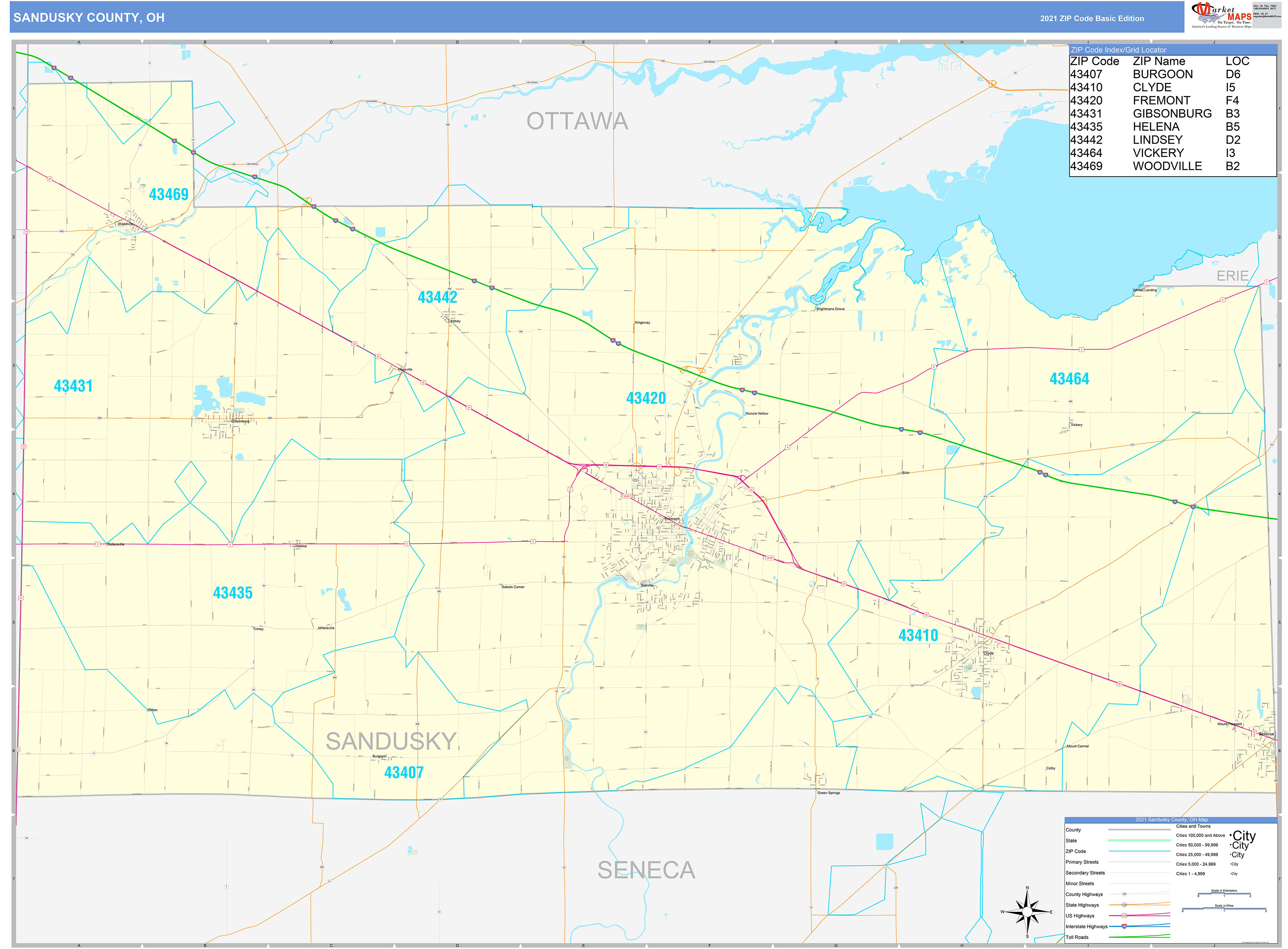 Sandusky County, OH Zip Code Wall Map Basic Style by MarketMAPS MapSales