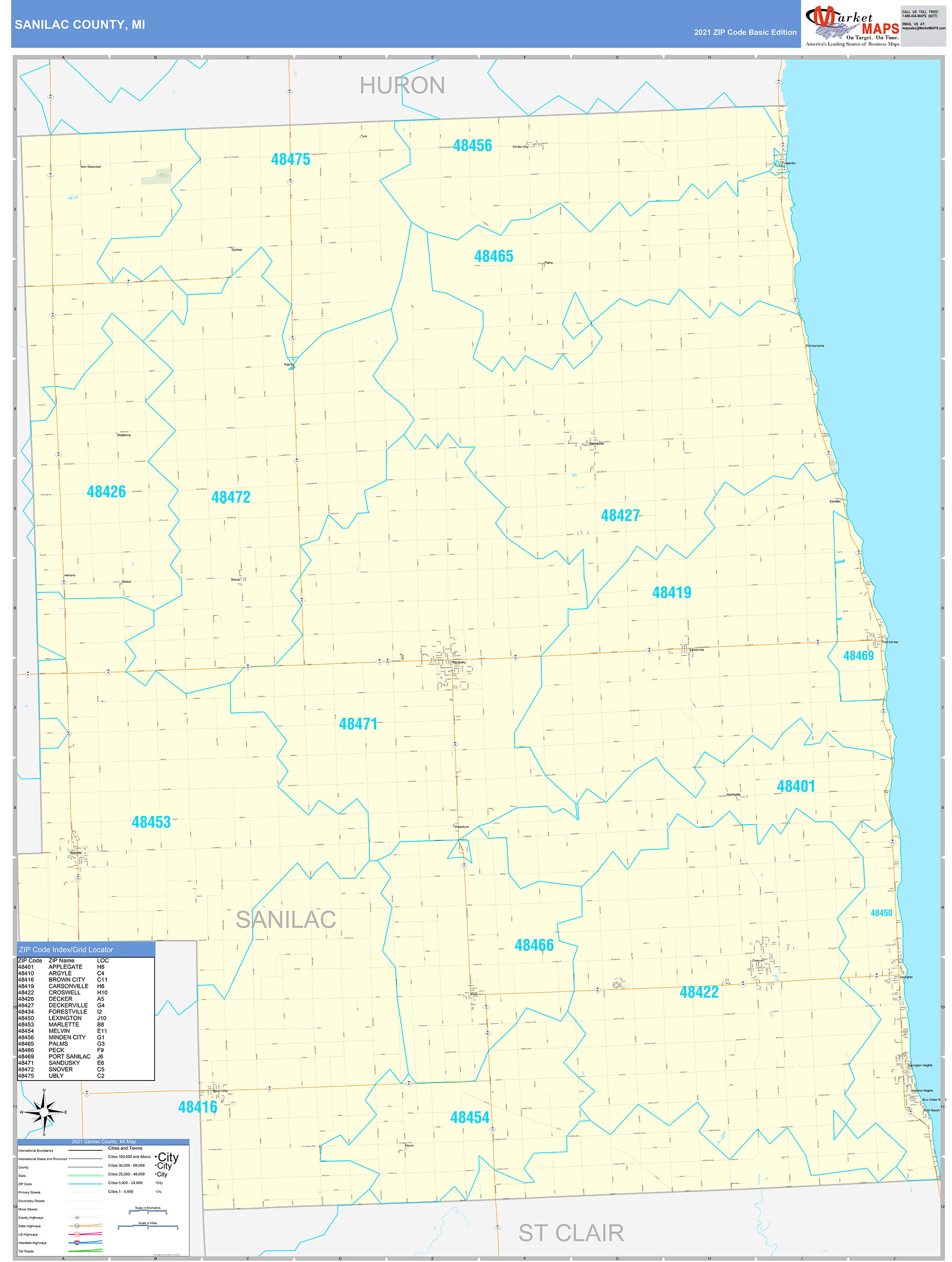 Sanilac County Mi Zip Code Wall Map Basic Style By Marketmaps 7652