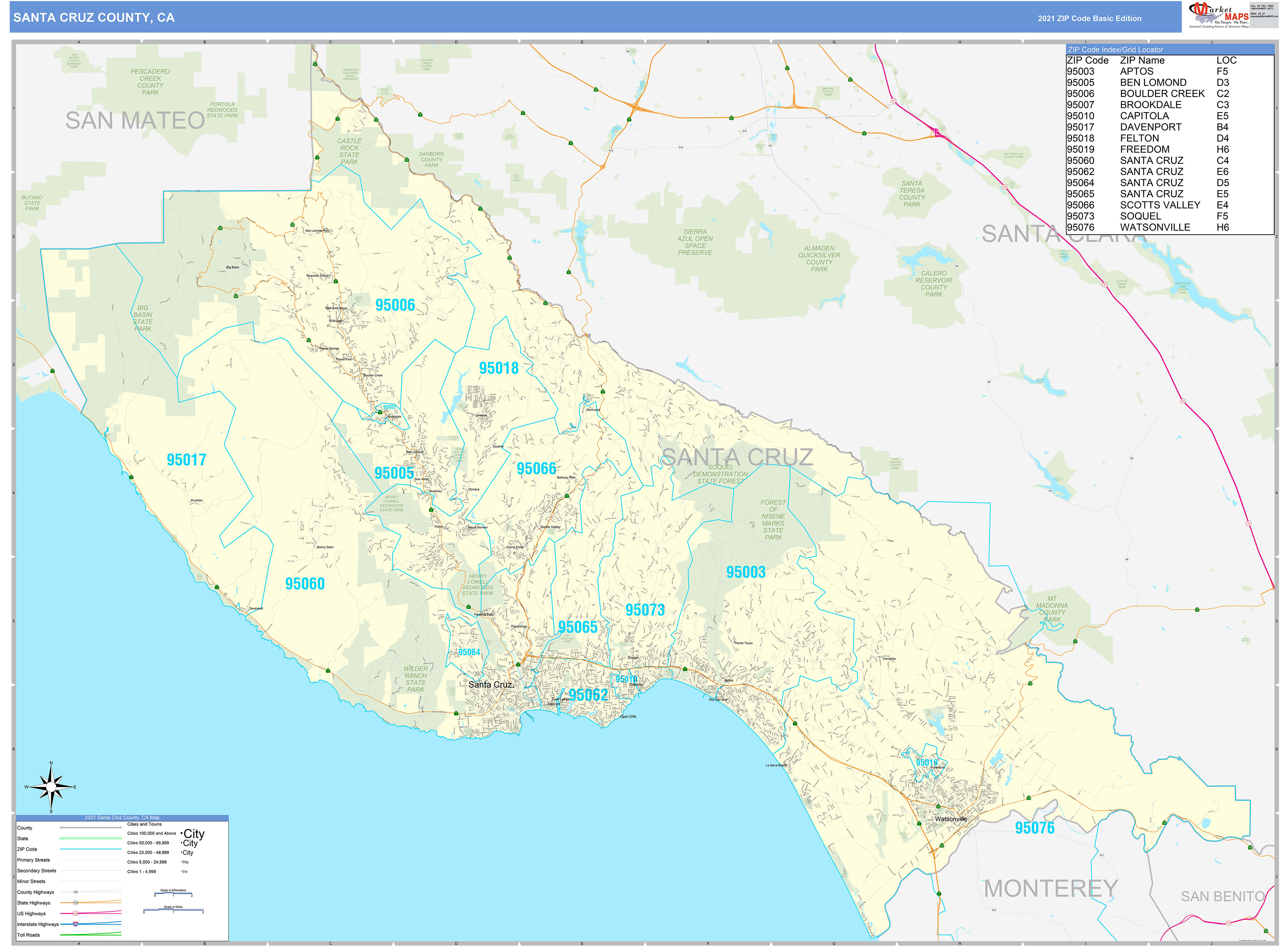 Santa Cruz County, CA Zip Code Wall Map Basic Style by MarketMAPS