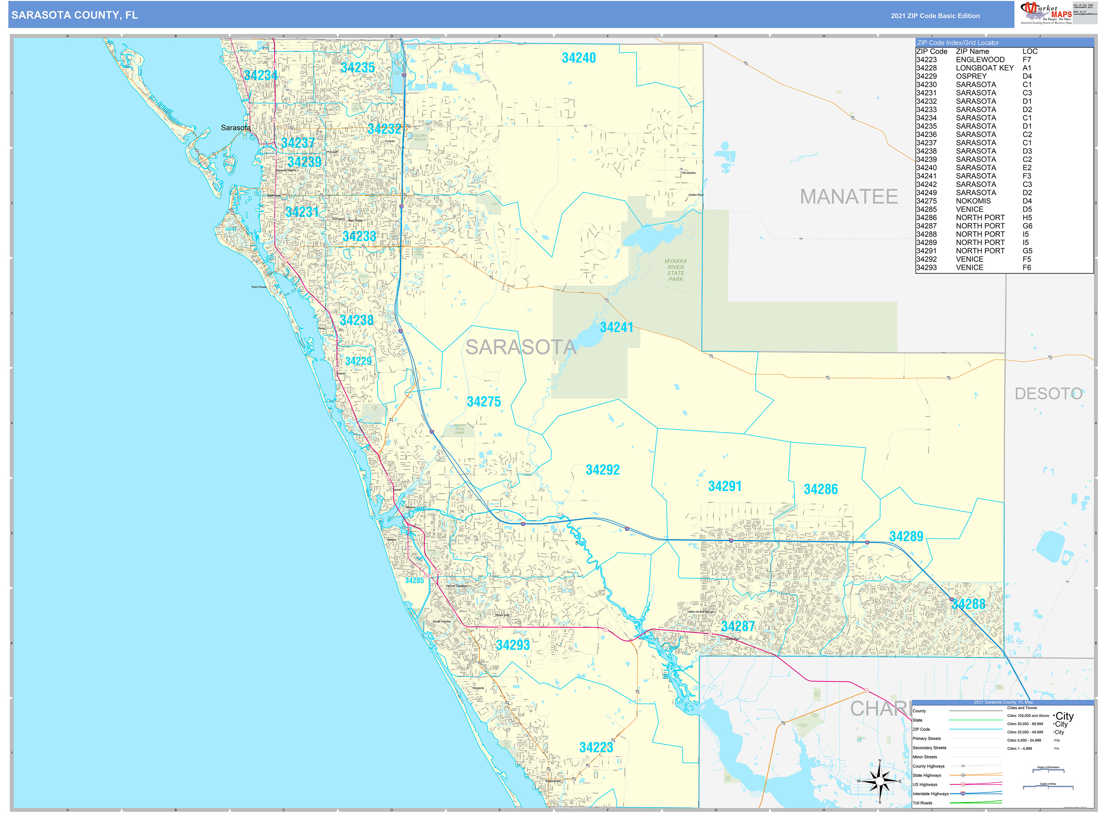 Sarasota County FL Zip Code Wall Map Basic Style By MarketMAPS MapSales