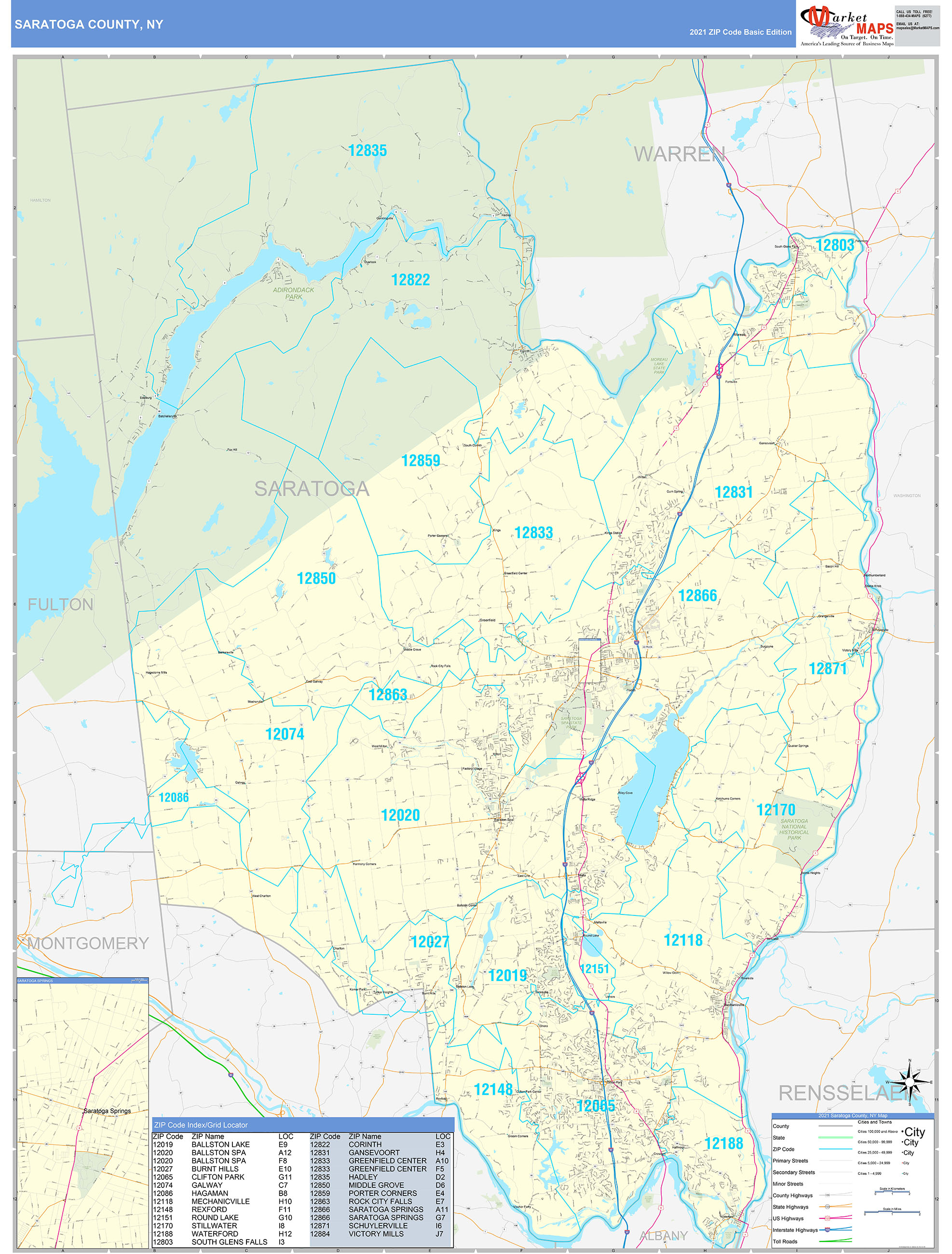 Saratoga County, NY Zip Code Wall Map Basic Style by MarketMAPS - MapSales