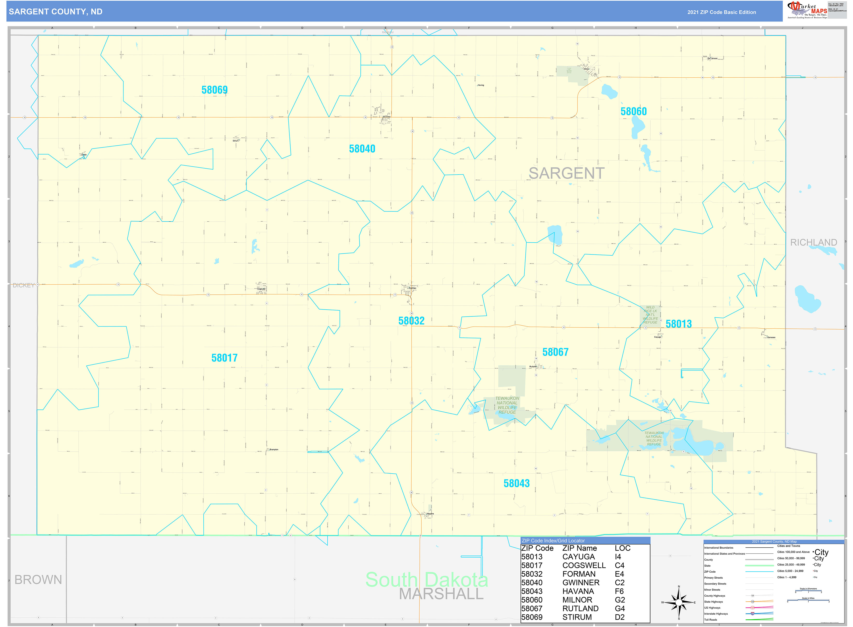 Sargent County, ND Zip Code Wall Map Basic Style by MarketMAPS MapSales