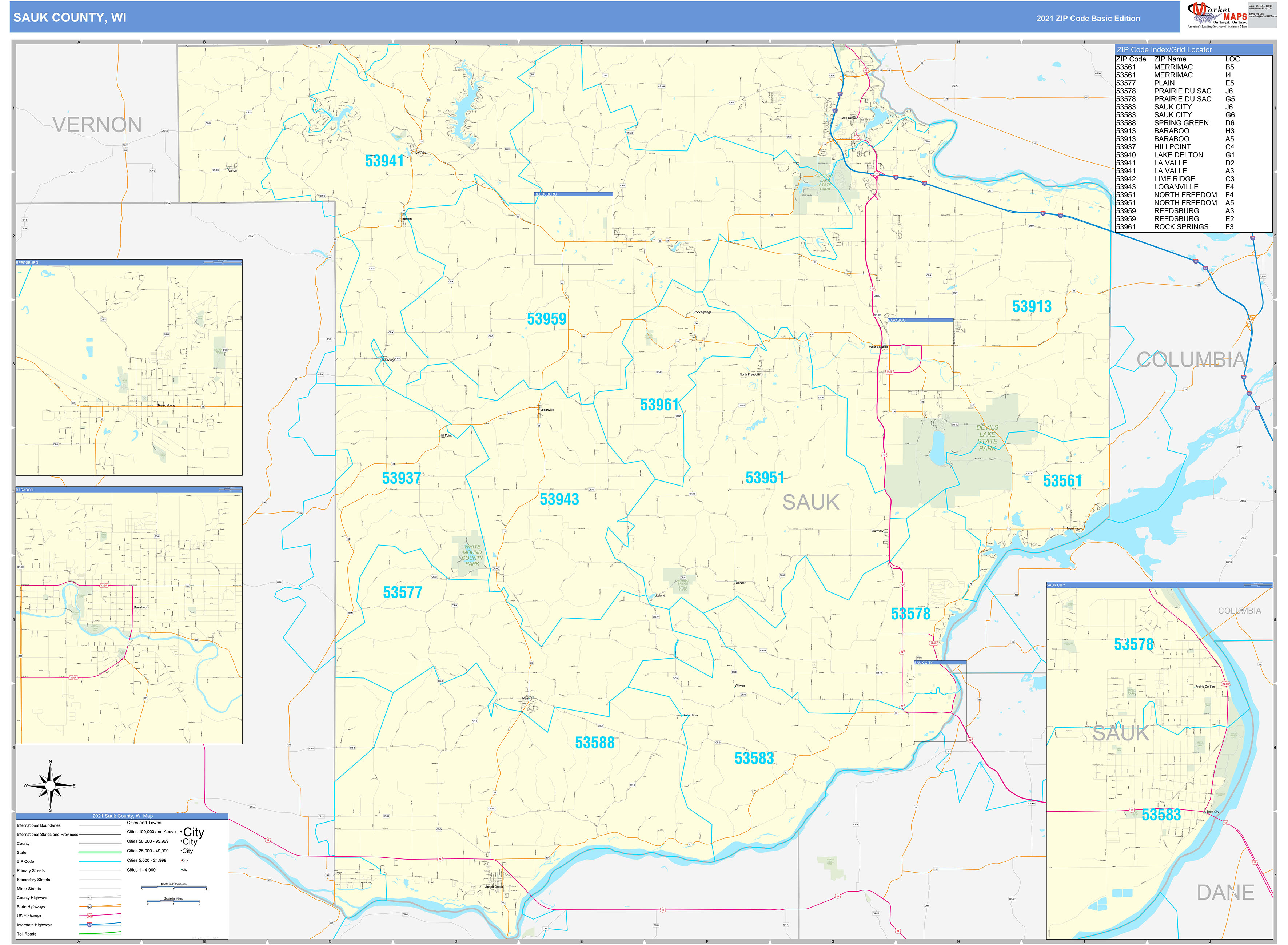 Sauk County WI Zip Code Wall Map Basic Style by MarketMAPS MapSales