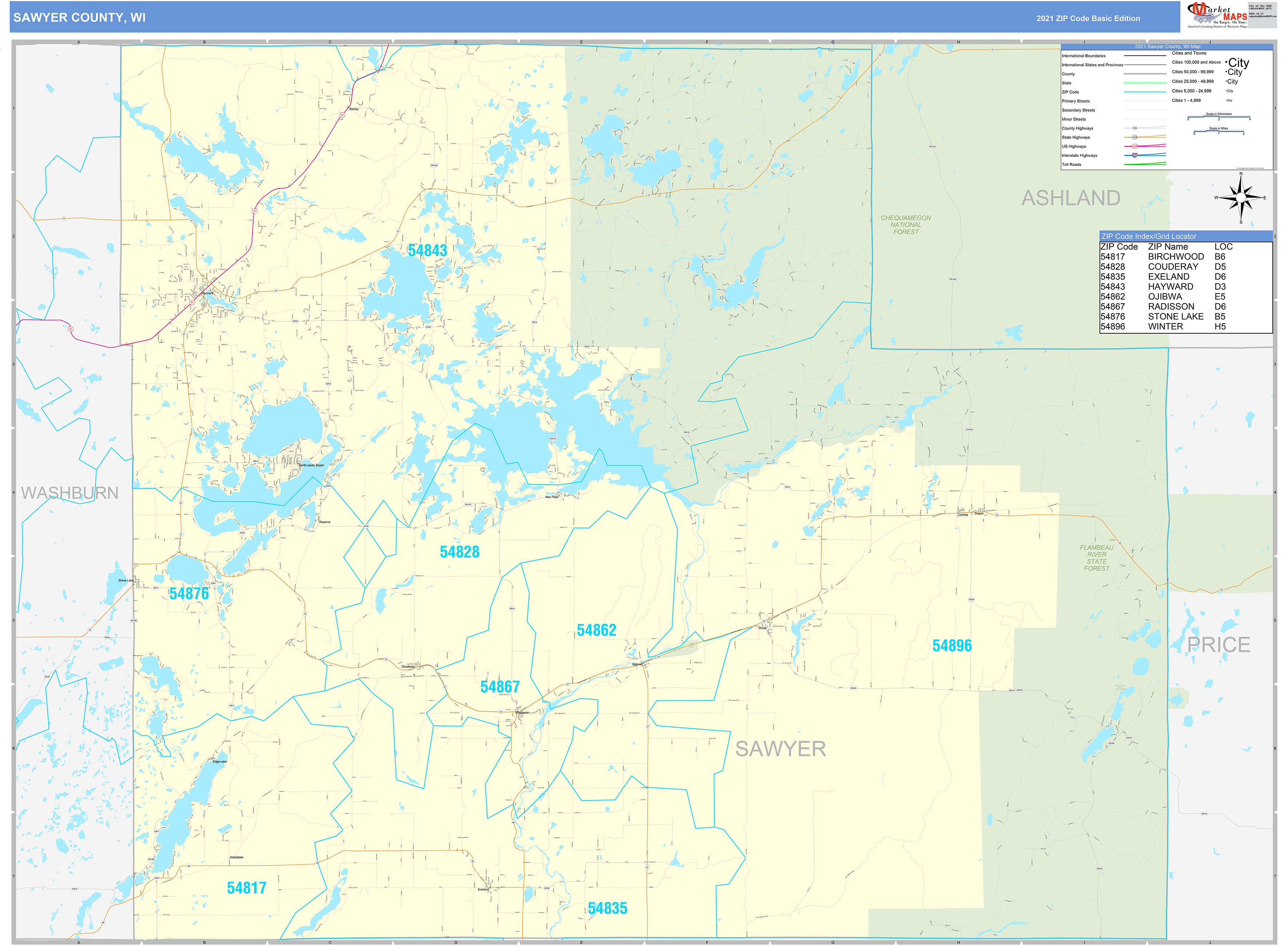 Sawyer County, WI Zip Code Wall Map Basic Style by MarketMAPS - MapSales