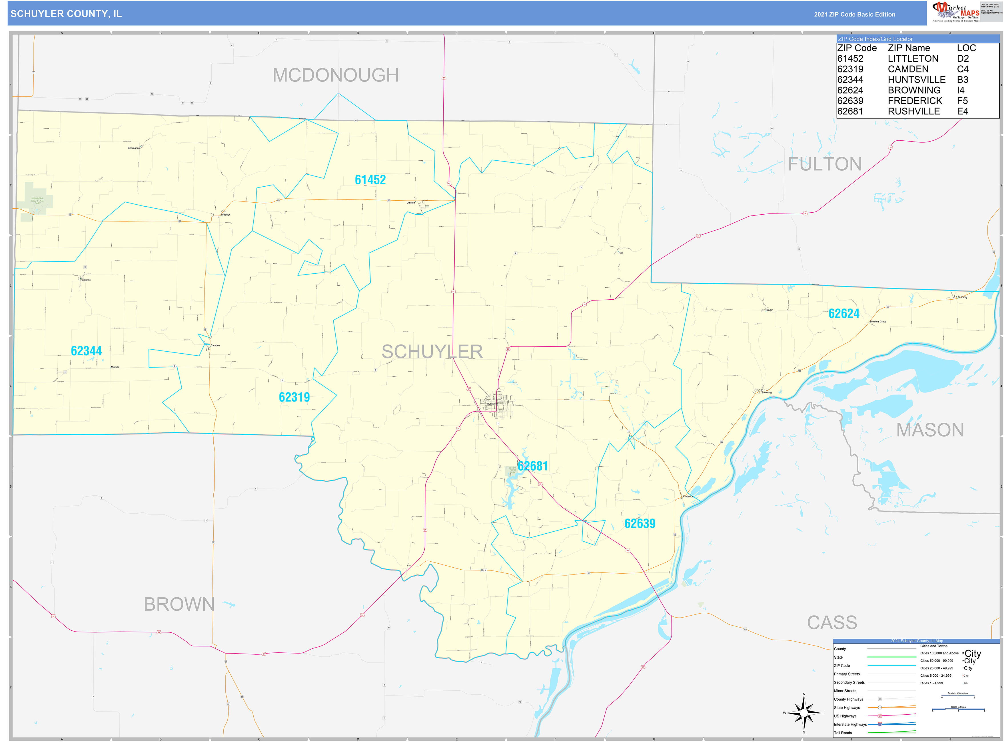 Schuyler County, IL Zip Code Wall Map Basic Style by MarketMAPS MapSales