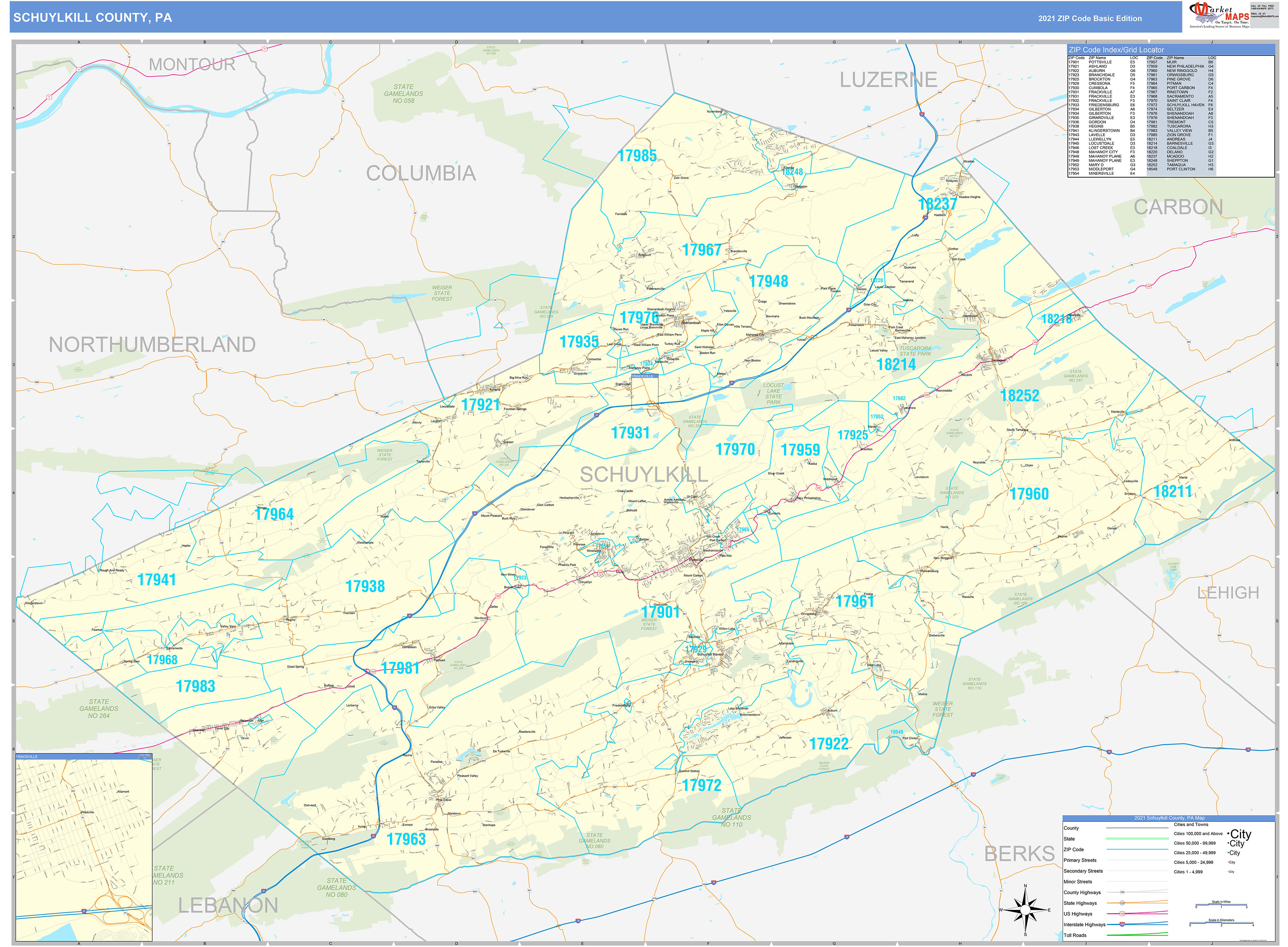 Schuylkill County, PA Zip Code Wall Map Basic Style by MarketMAPS