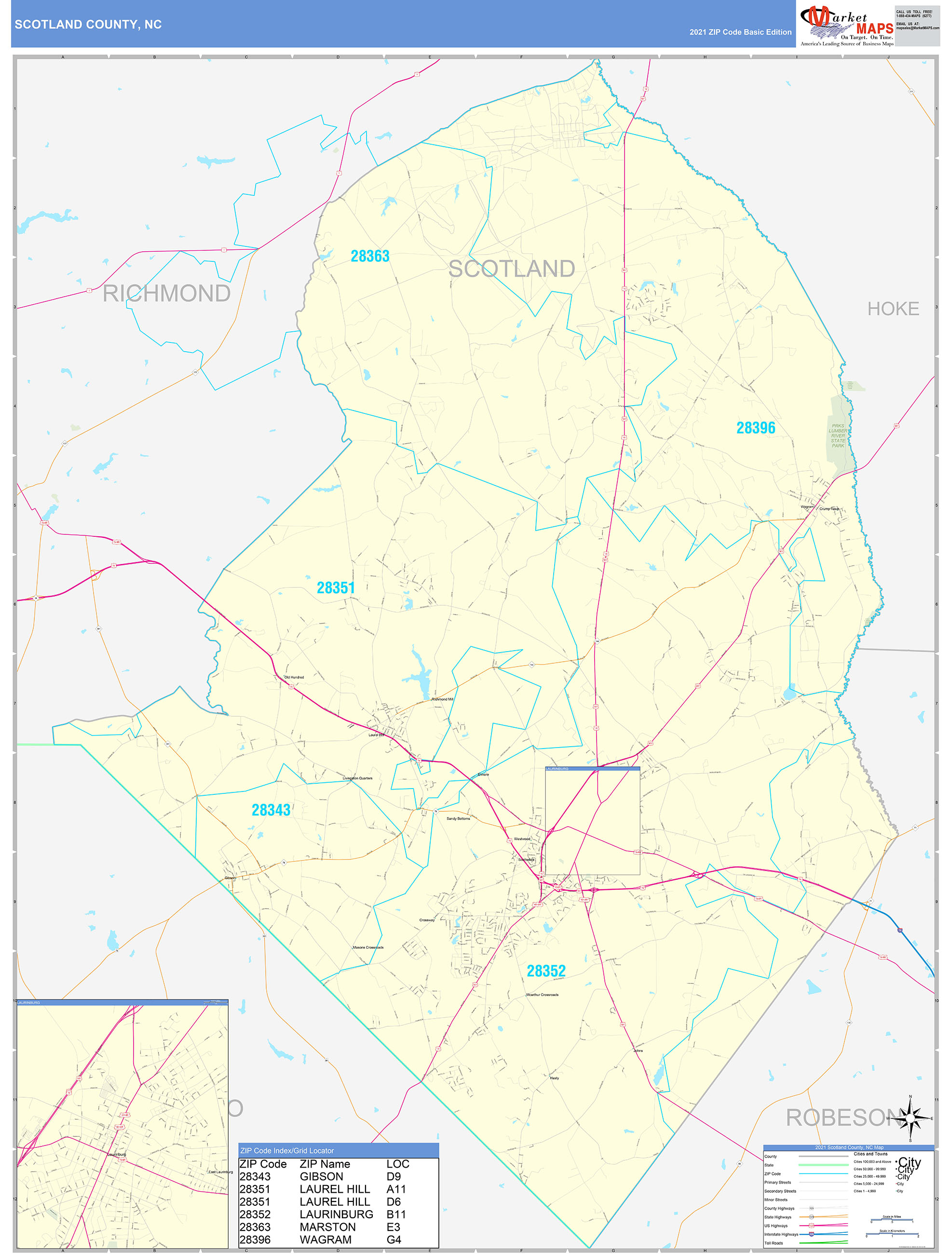 Scotland County, NC Zip Code Wall Map Basic Style by MarketMAPS - MapSales