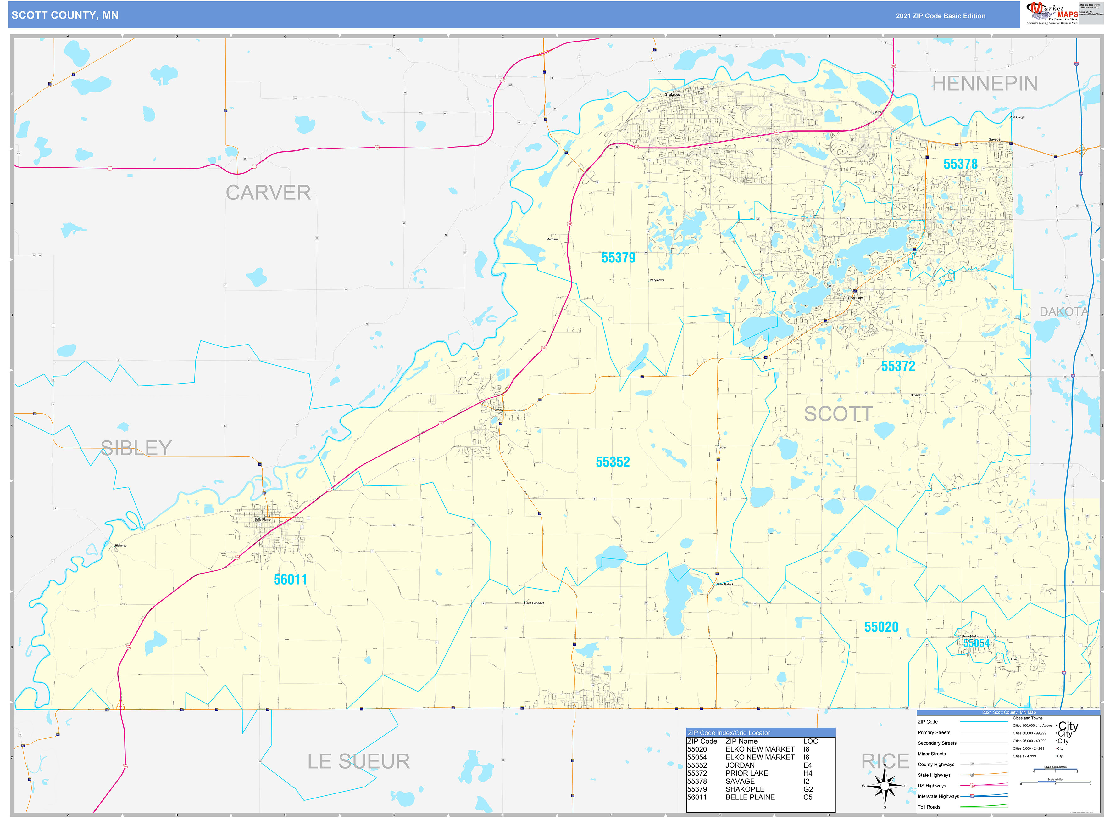 Scott County, MN Zip Code Wall Map Basic Style by MarketMAPS