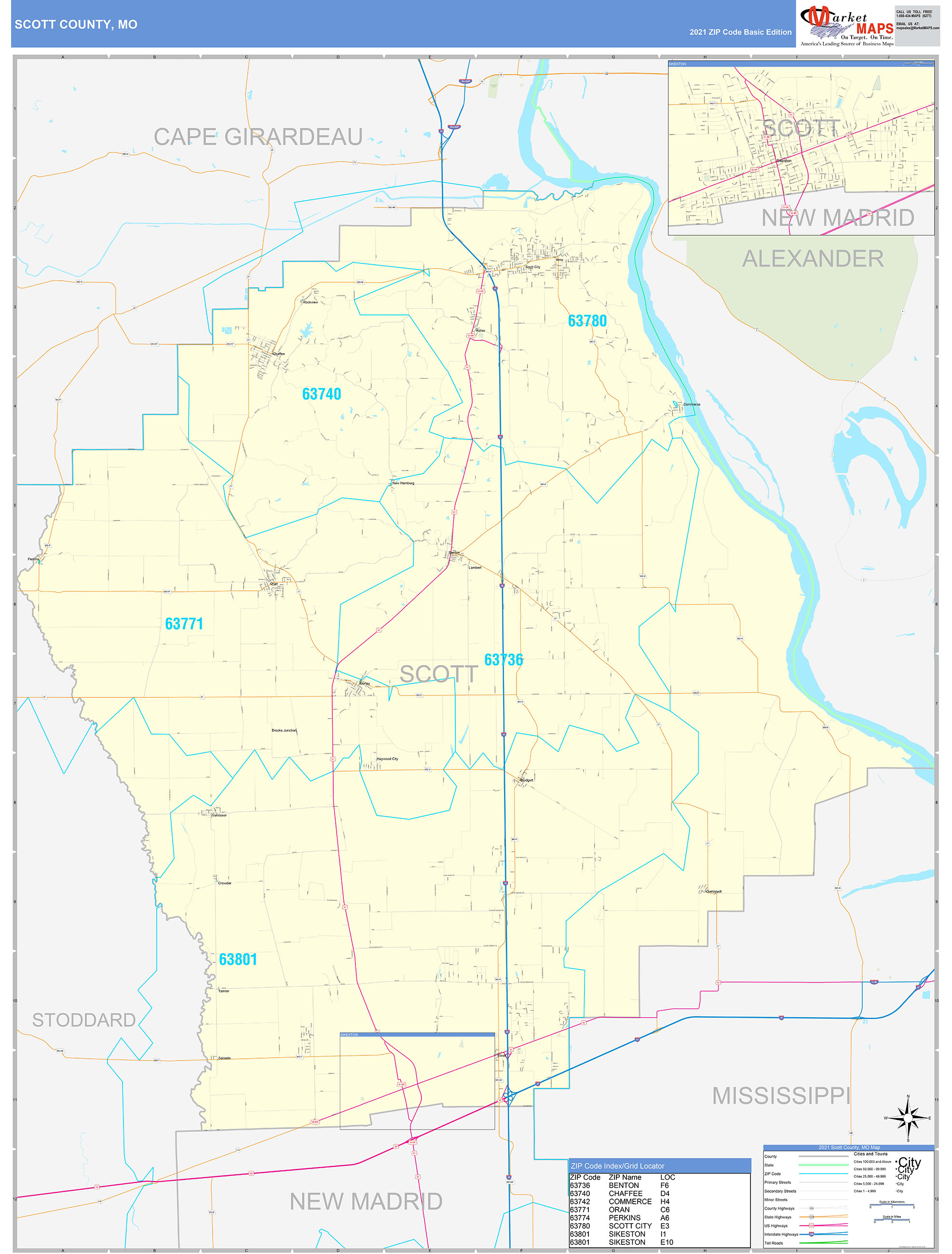 Scott County, MO Zip Code Wall Map Basic Style by MarketMAPS - MapSales.com