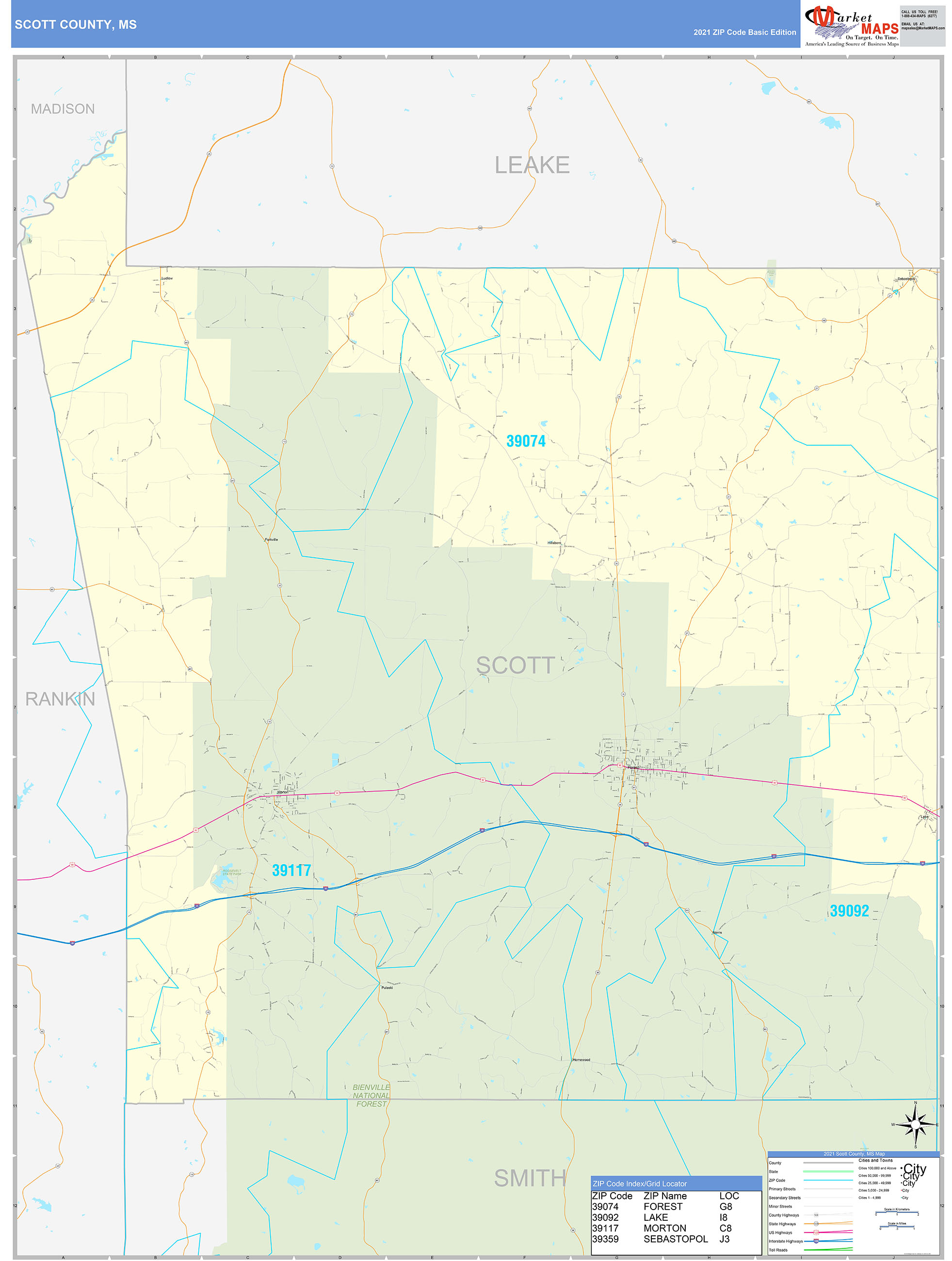 Scott County, MS Zip Code Wall Map Basic Style by MarketMAPS - MapSales