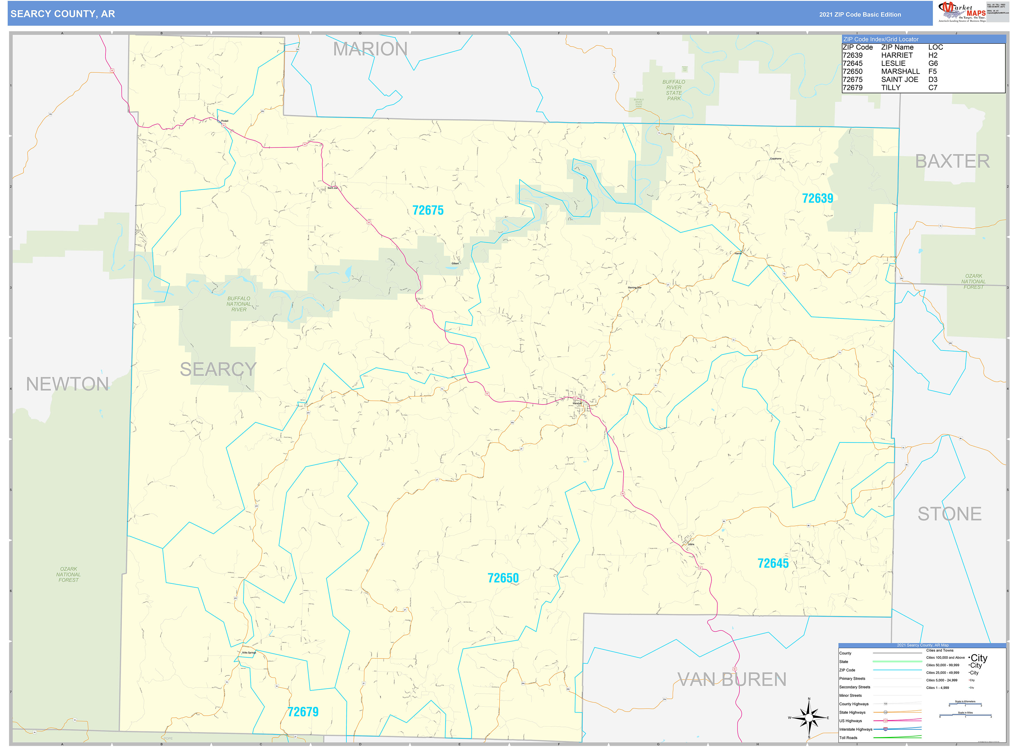 Searcy County, AR Zip Code Wall Map Basic Style by MarketMAPS ...