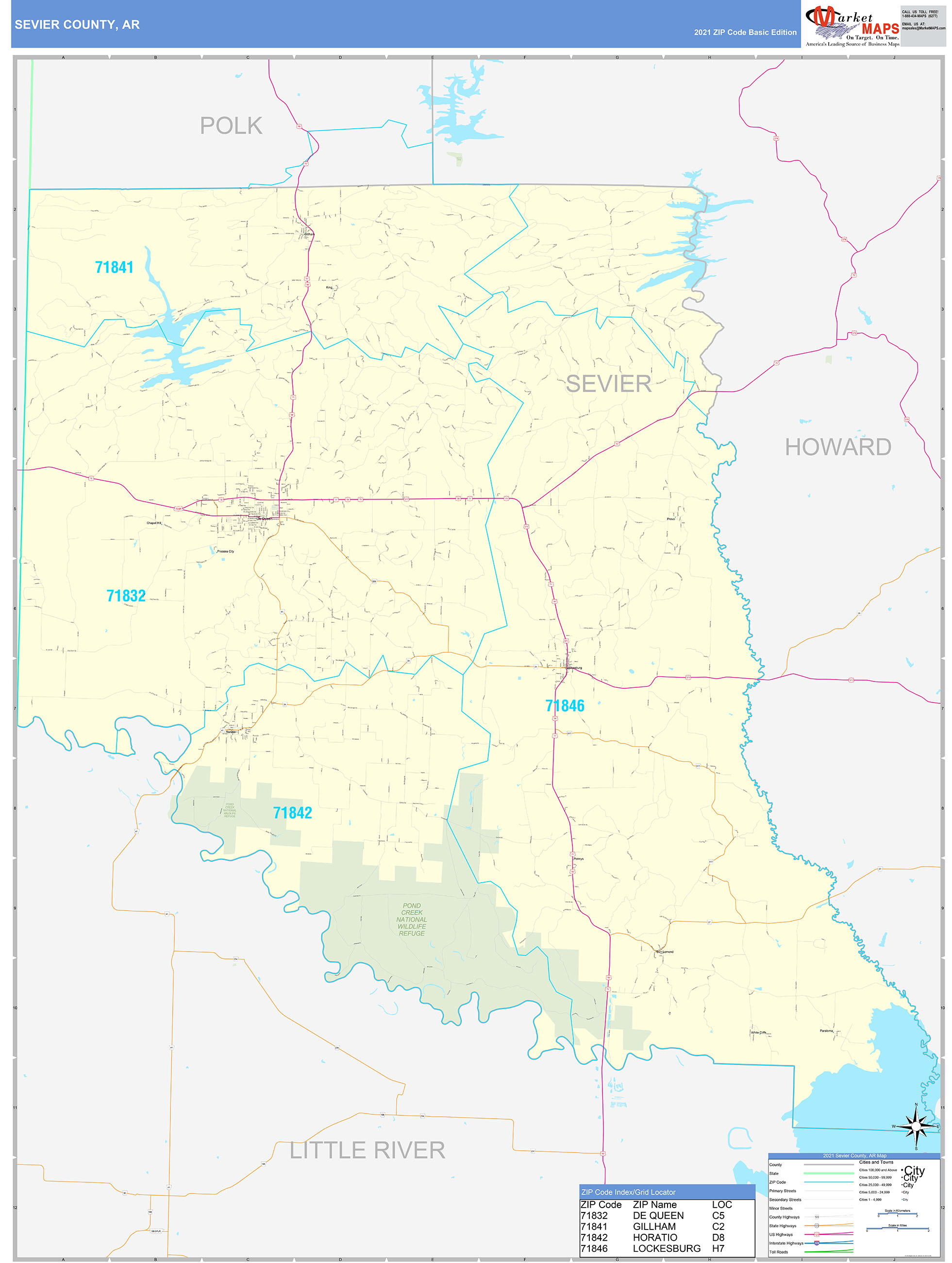 Sevier County, AR Zip Code Wall Map Basic Style by MarketMAPS