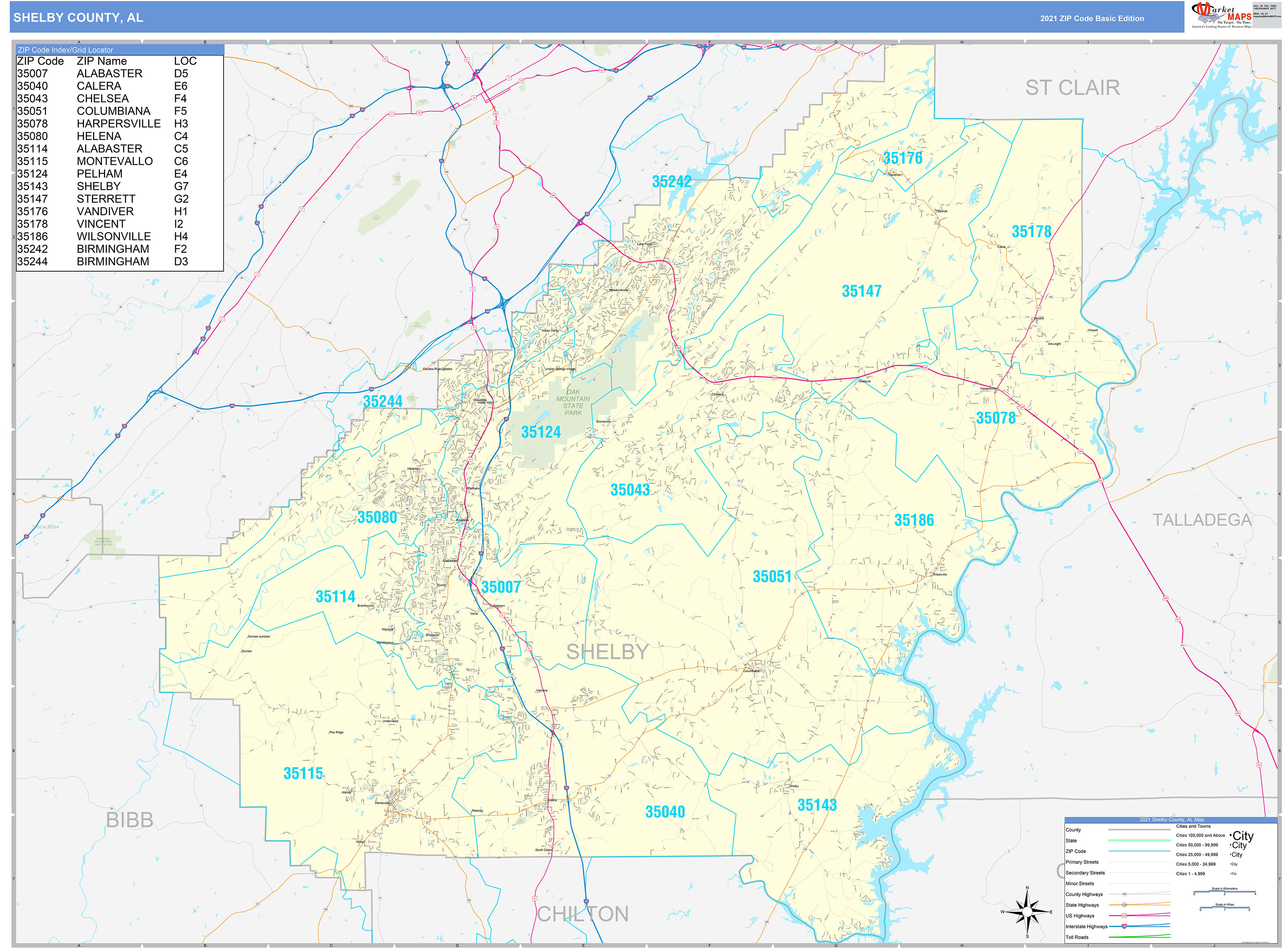 Shelby County, AL Zip Code Wall Map Basic Style by MarketMAPS