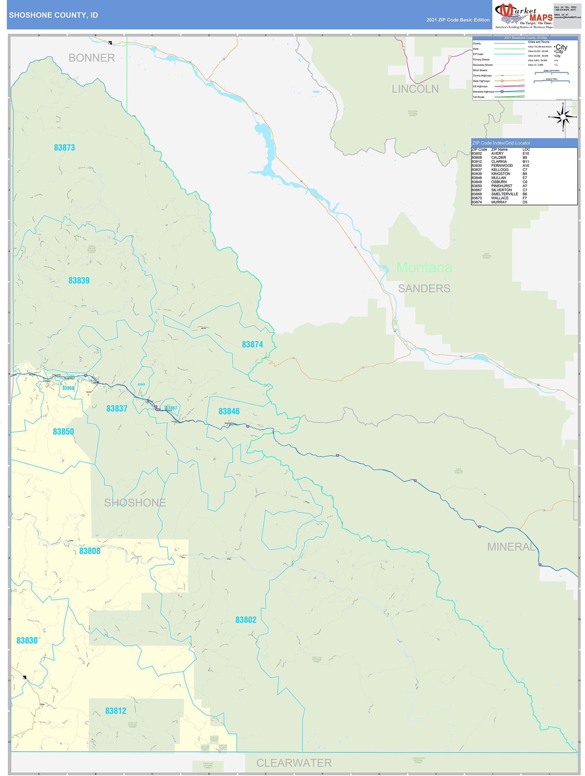 Shoshone County, ID Zip Code Wall Map Basic Style by MarketMAPS MapSales