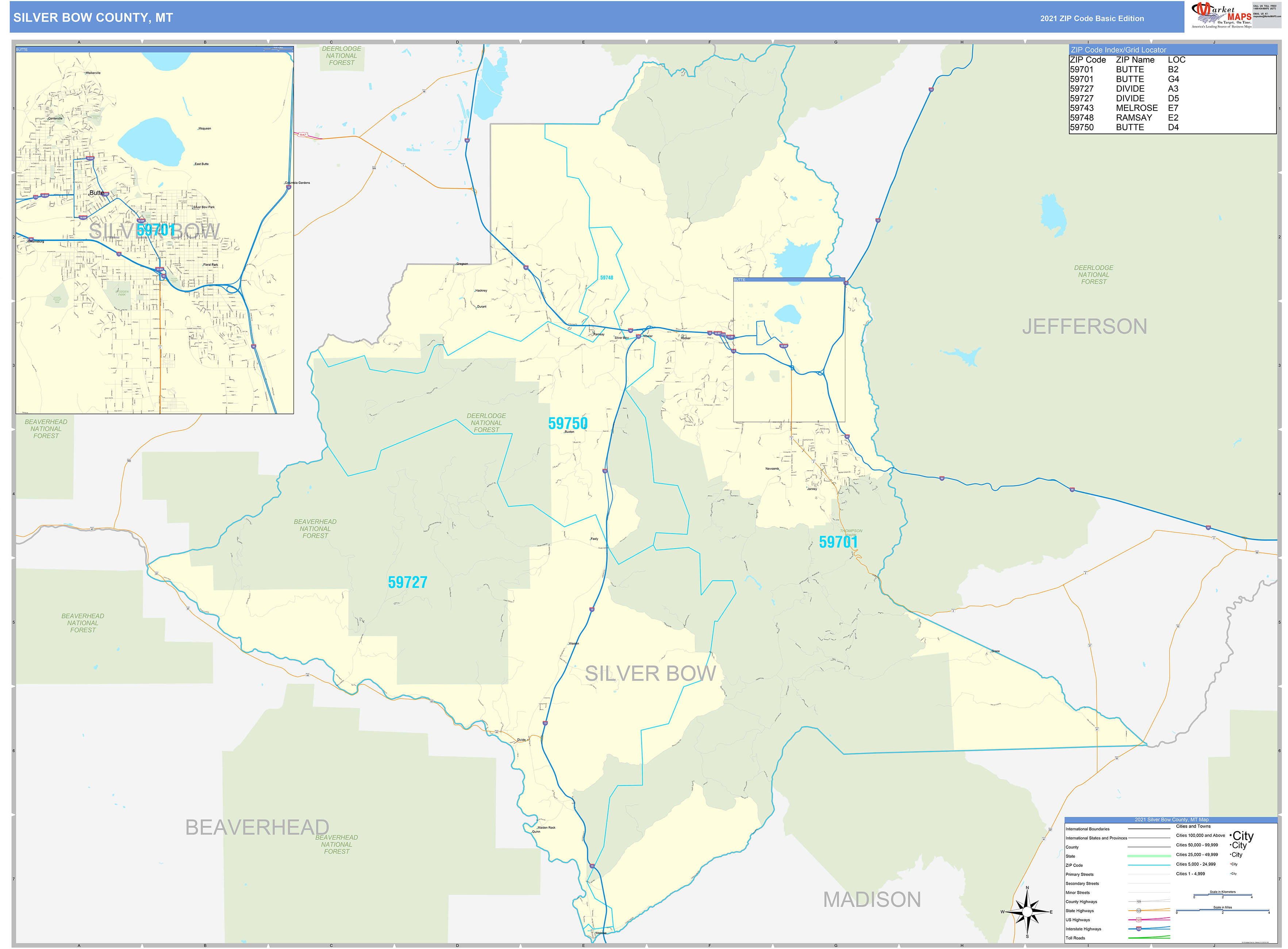 Silver Bow County, MT Zip Code Wall Map Basic Style by MarketMAPS
