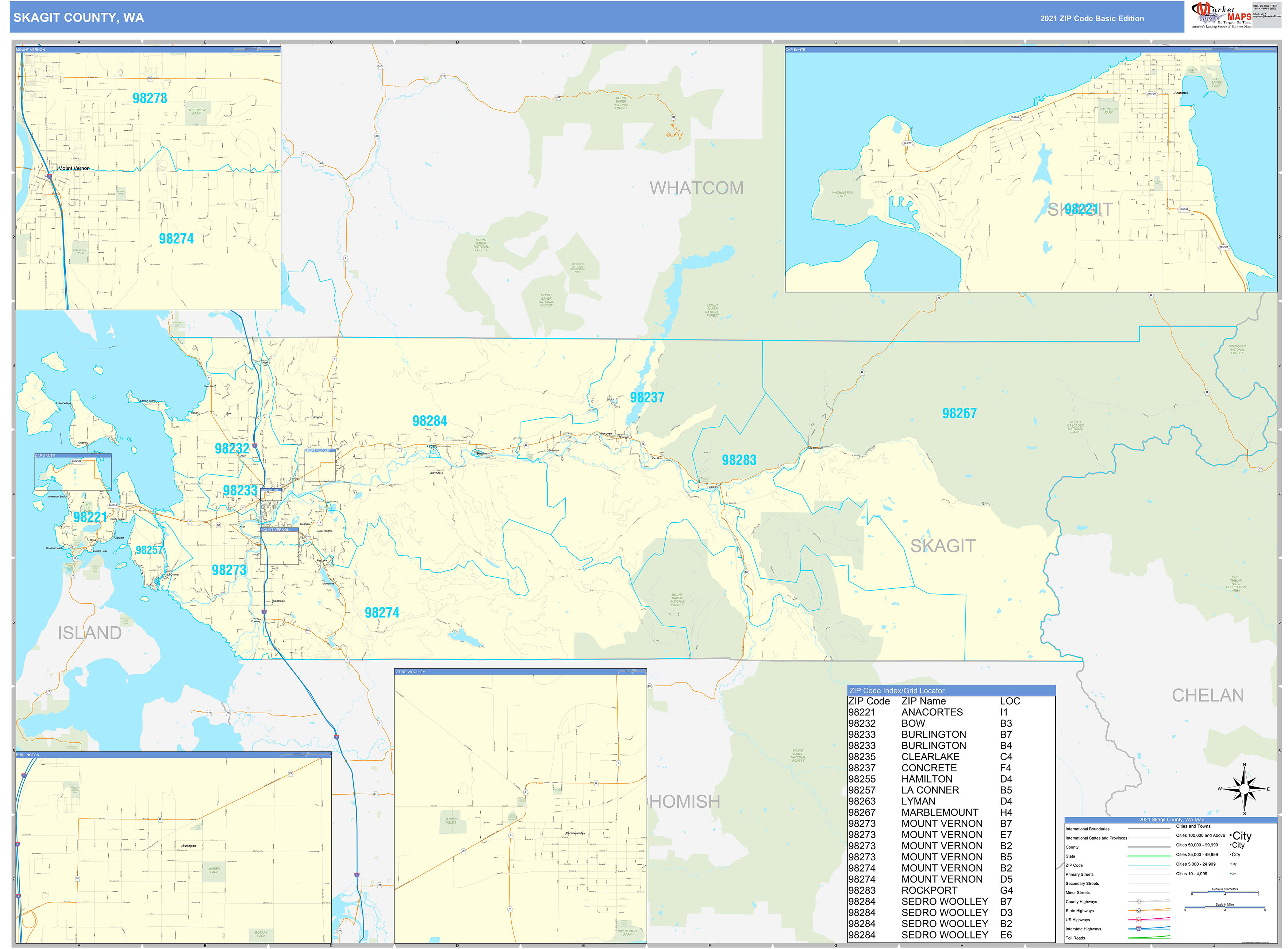 Skagit County, WA Zip Code Wall Map Basic Style by MarketMAPS MapSales