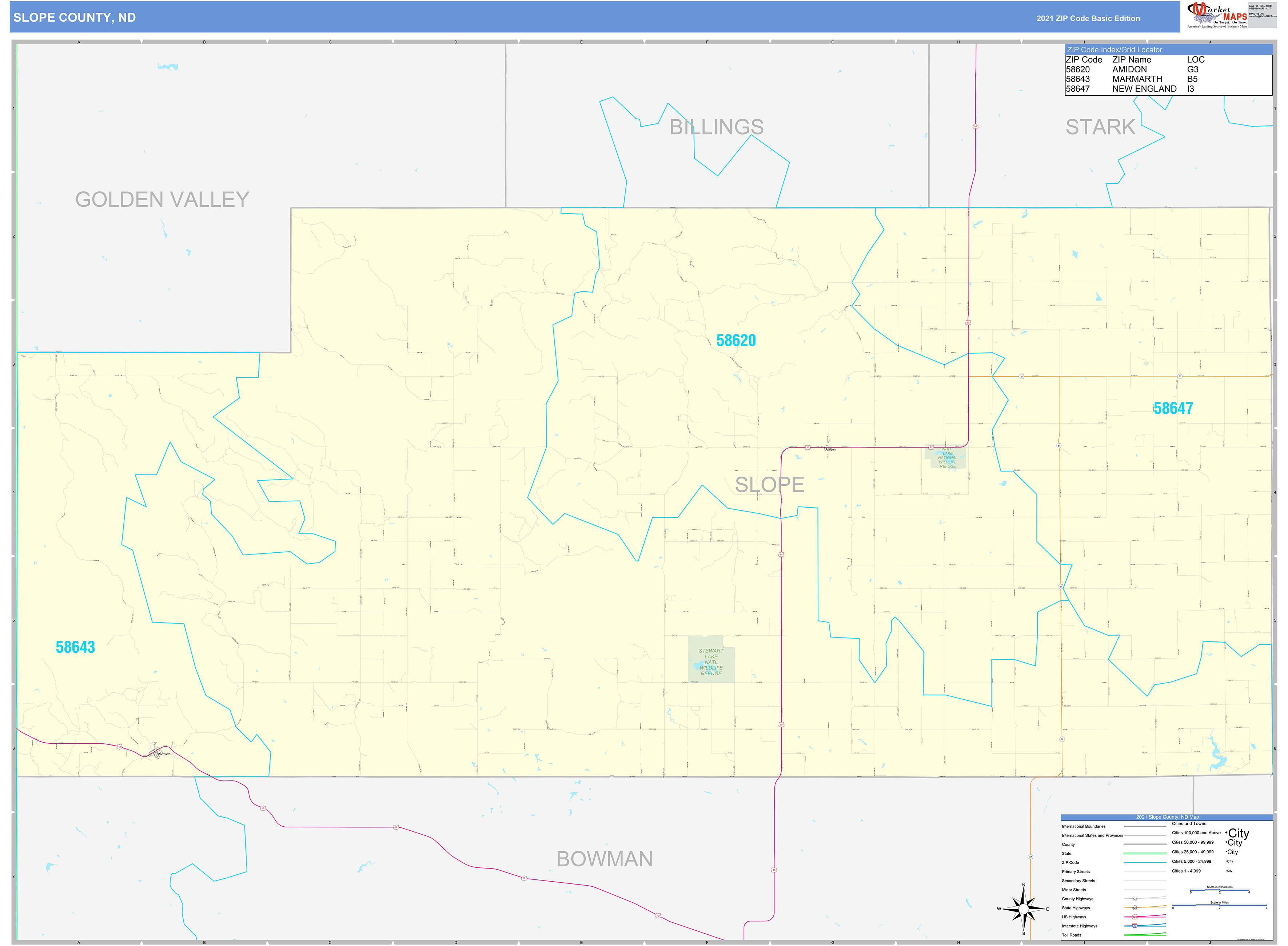 Slope County, ND Zip Code Wall Map Basic Style by MarketMAPS