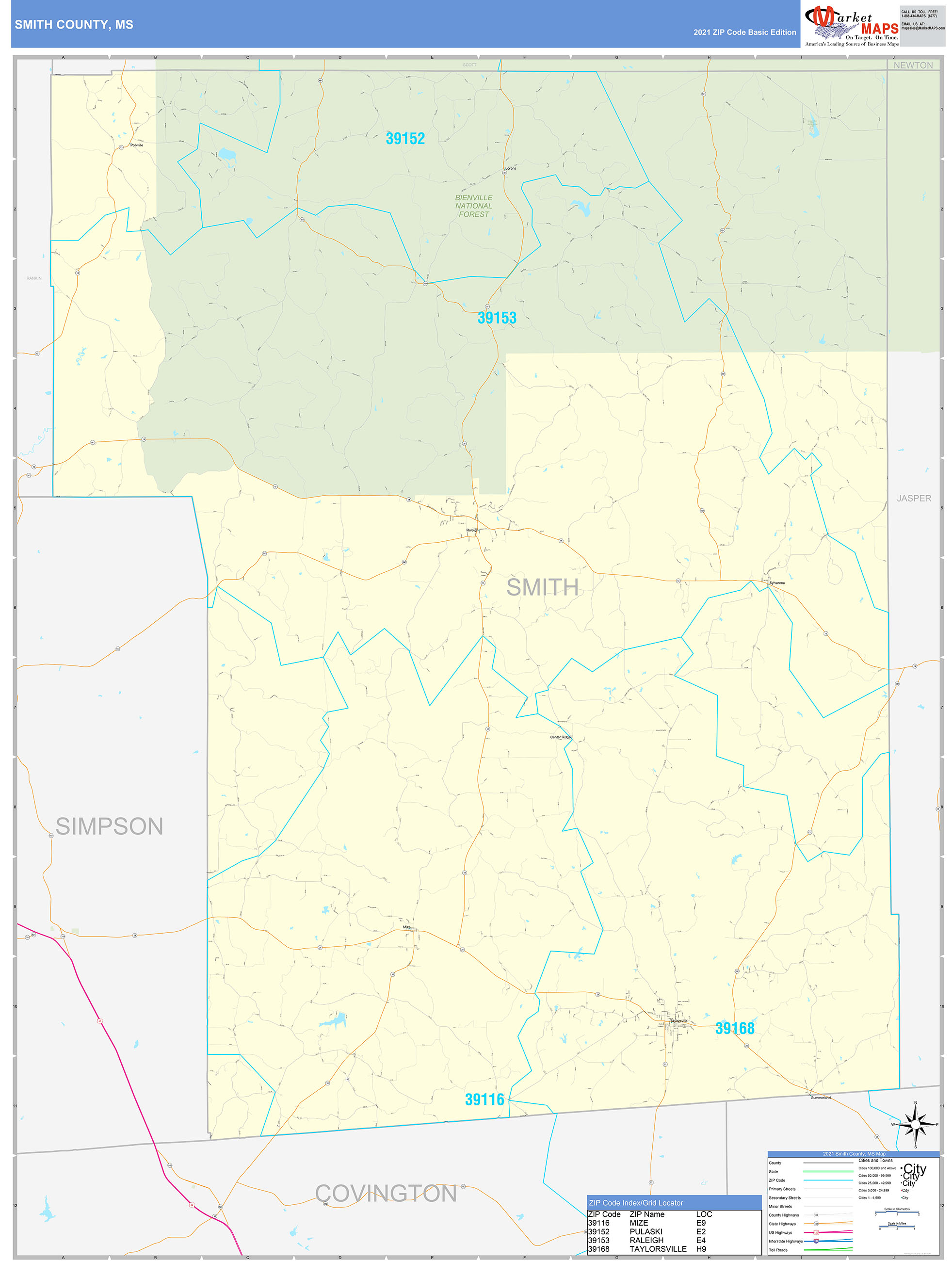 Smith County, Ms Zip Code Wall Map Basic Style By Marketmaps - Mapsales.com