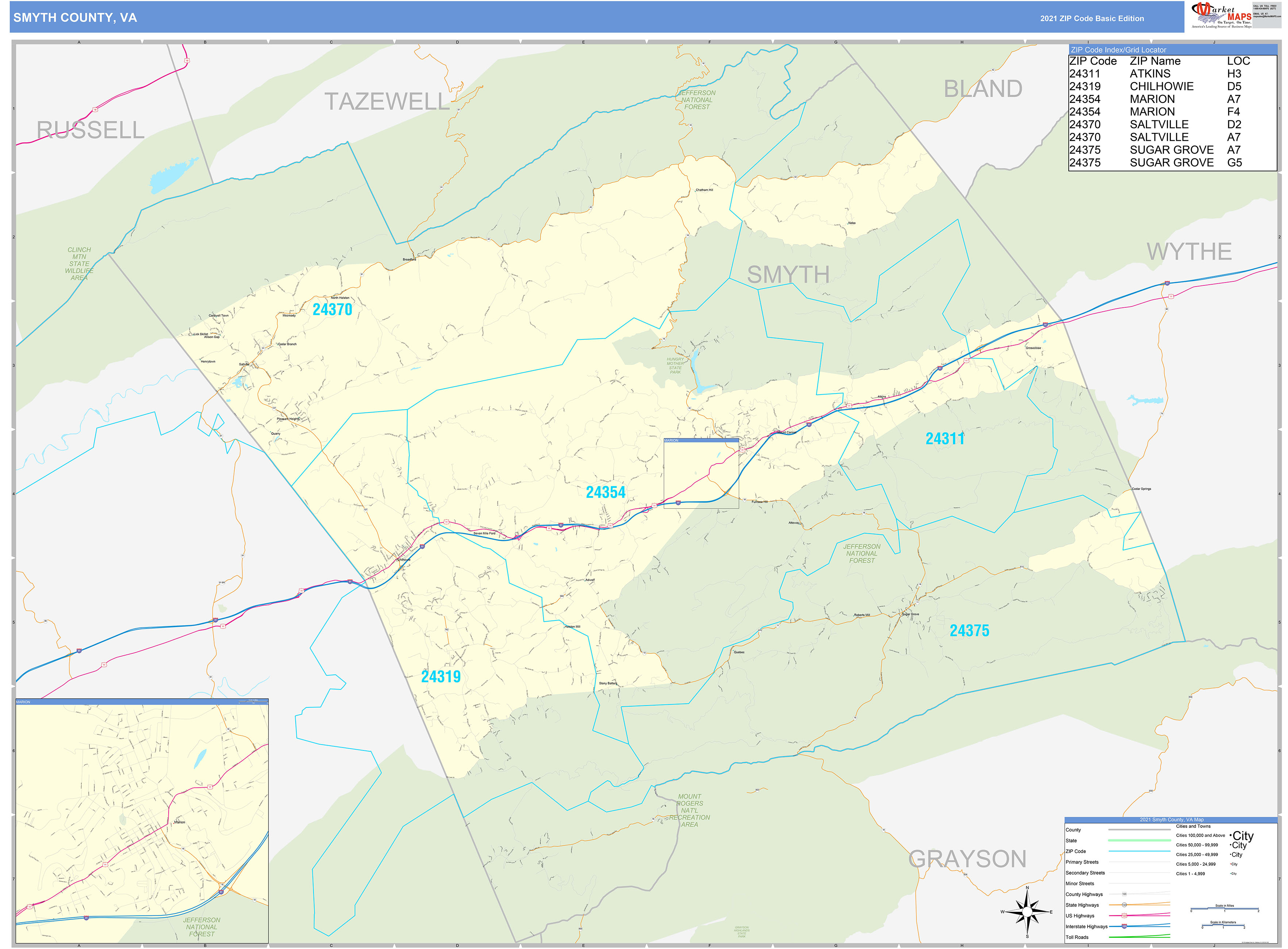 Smyth County, VA Zip Code Wall Map Basic Style by MarketMAPS MapSales