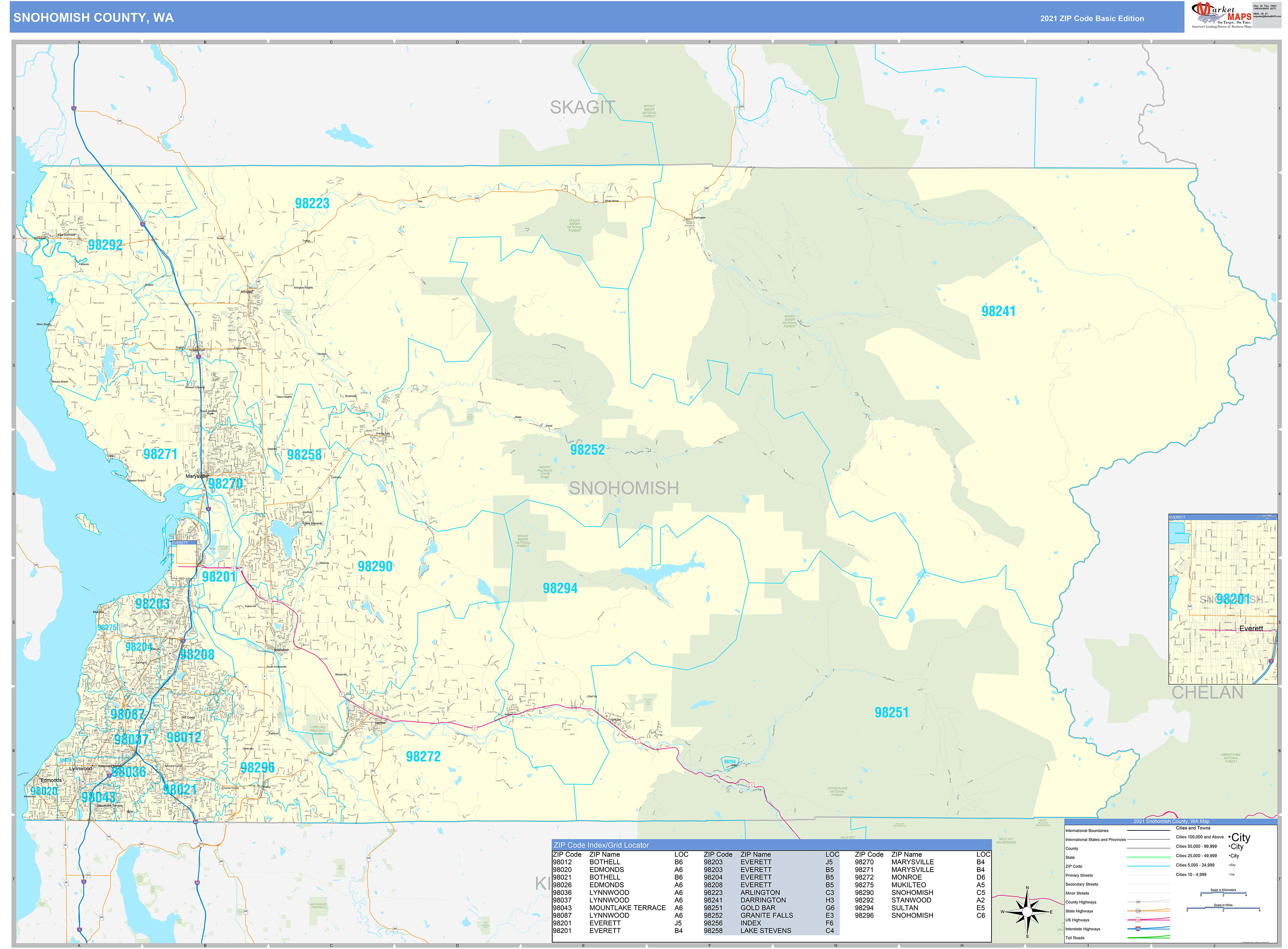 Snohomish County, WA Zip Code Wall Map Basic Style by MarketMAPS - MapSales