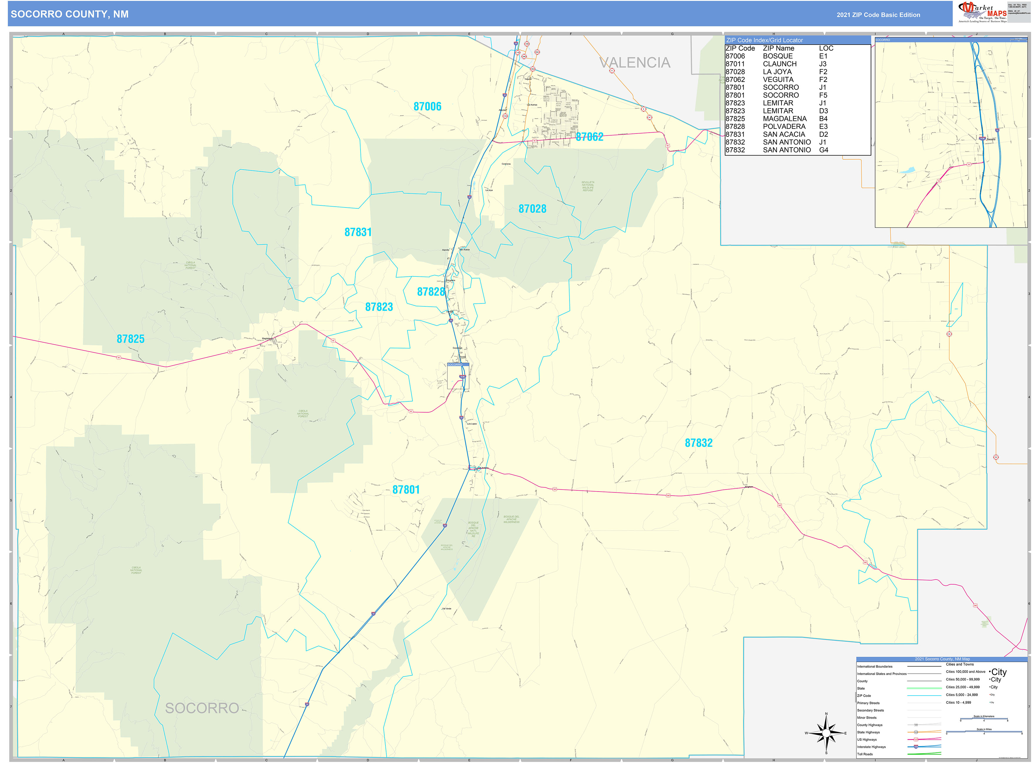 Socorro County, NM Zip Code Wall Map Basic Style by MarketMAPS