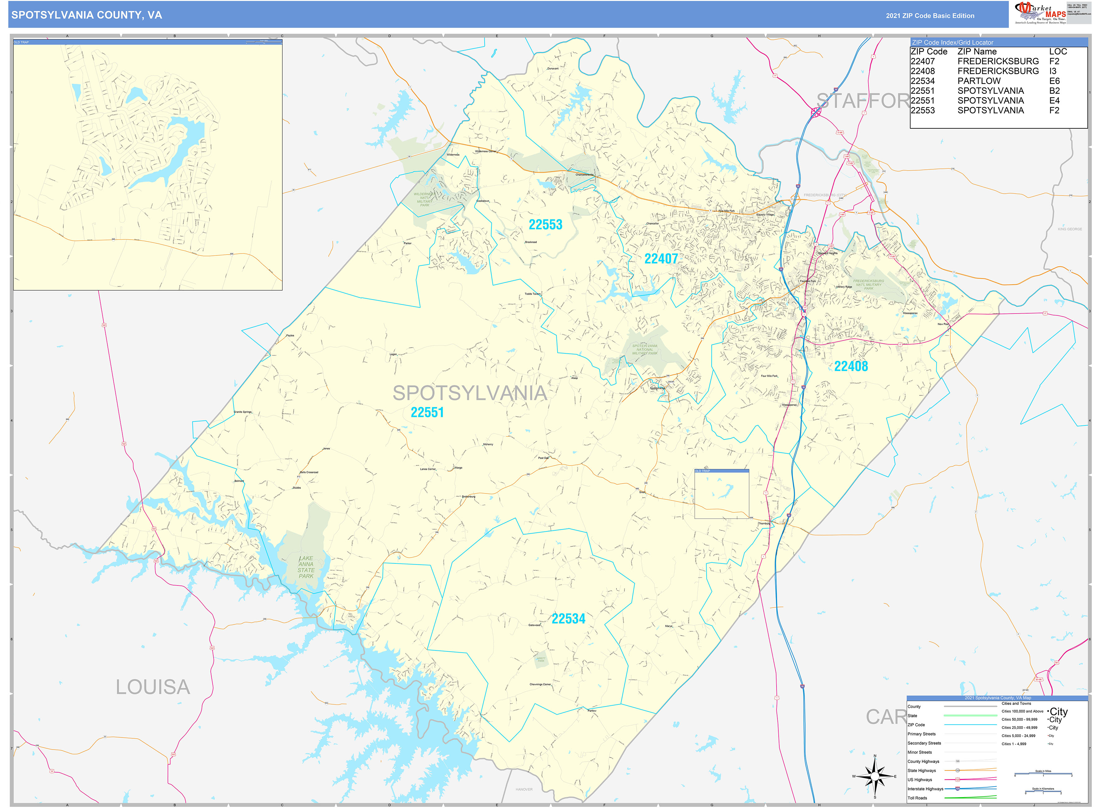 Spotsylvania County, VA Zip Code Wall Map Basic Style by MarketMAPS