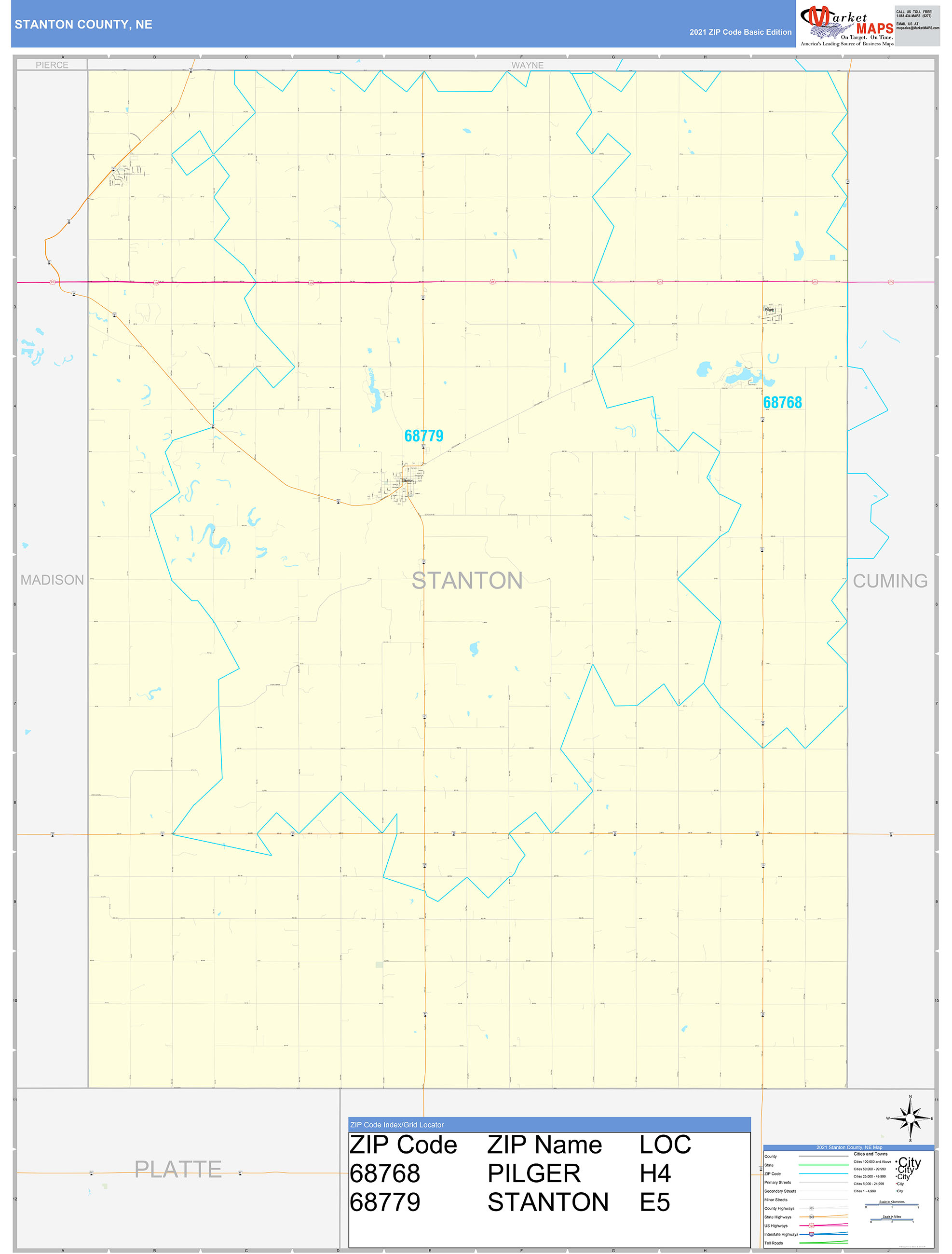 Stanton County, NE Zip Code Wall Map Basic Style by MarketMAPS
