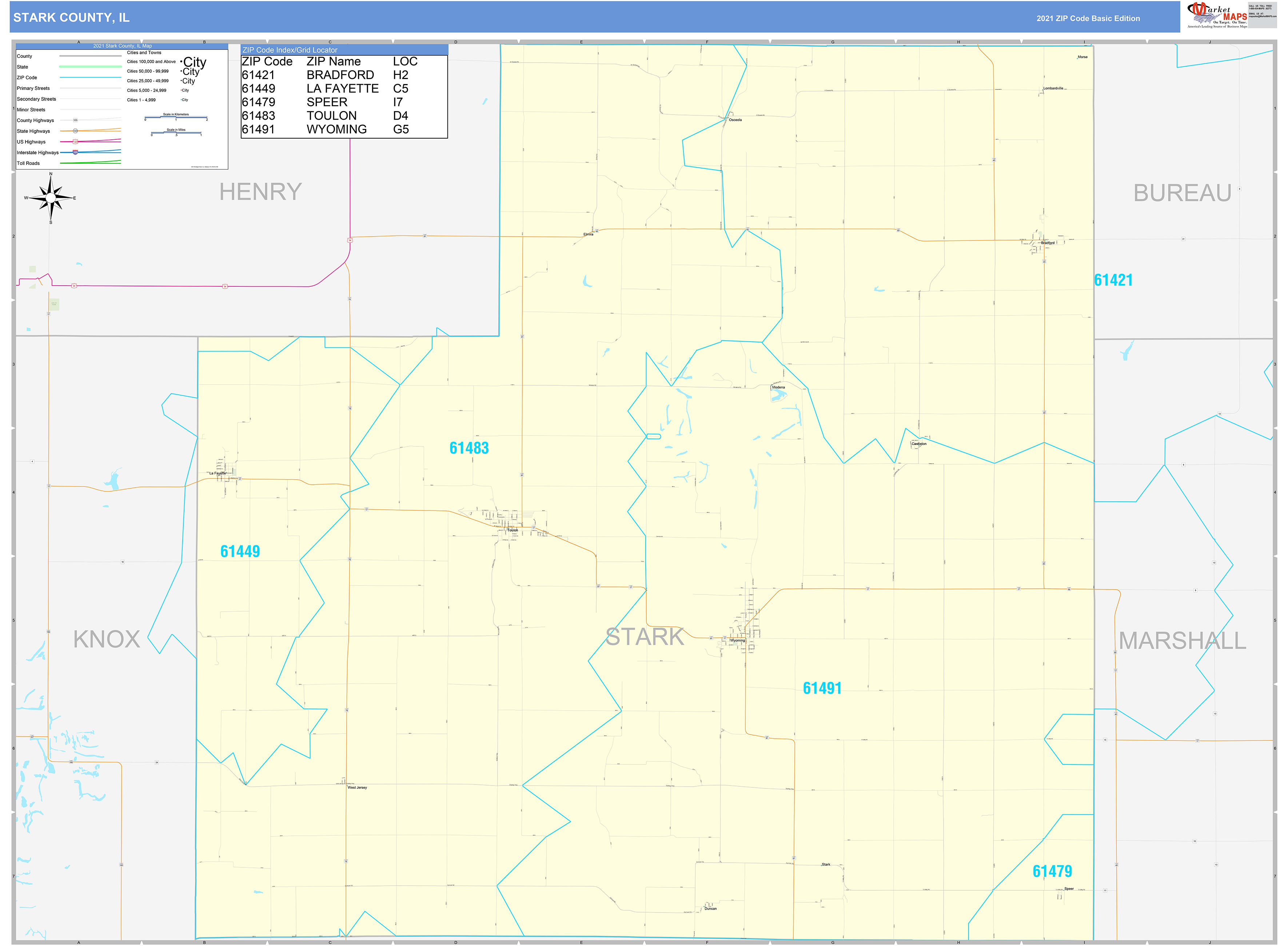 Stark County, IL Zip Code Wall Map Basic Style by MarketMAPS - MapSales