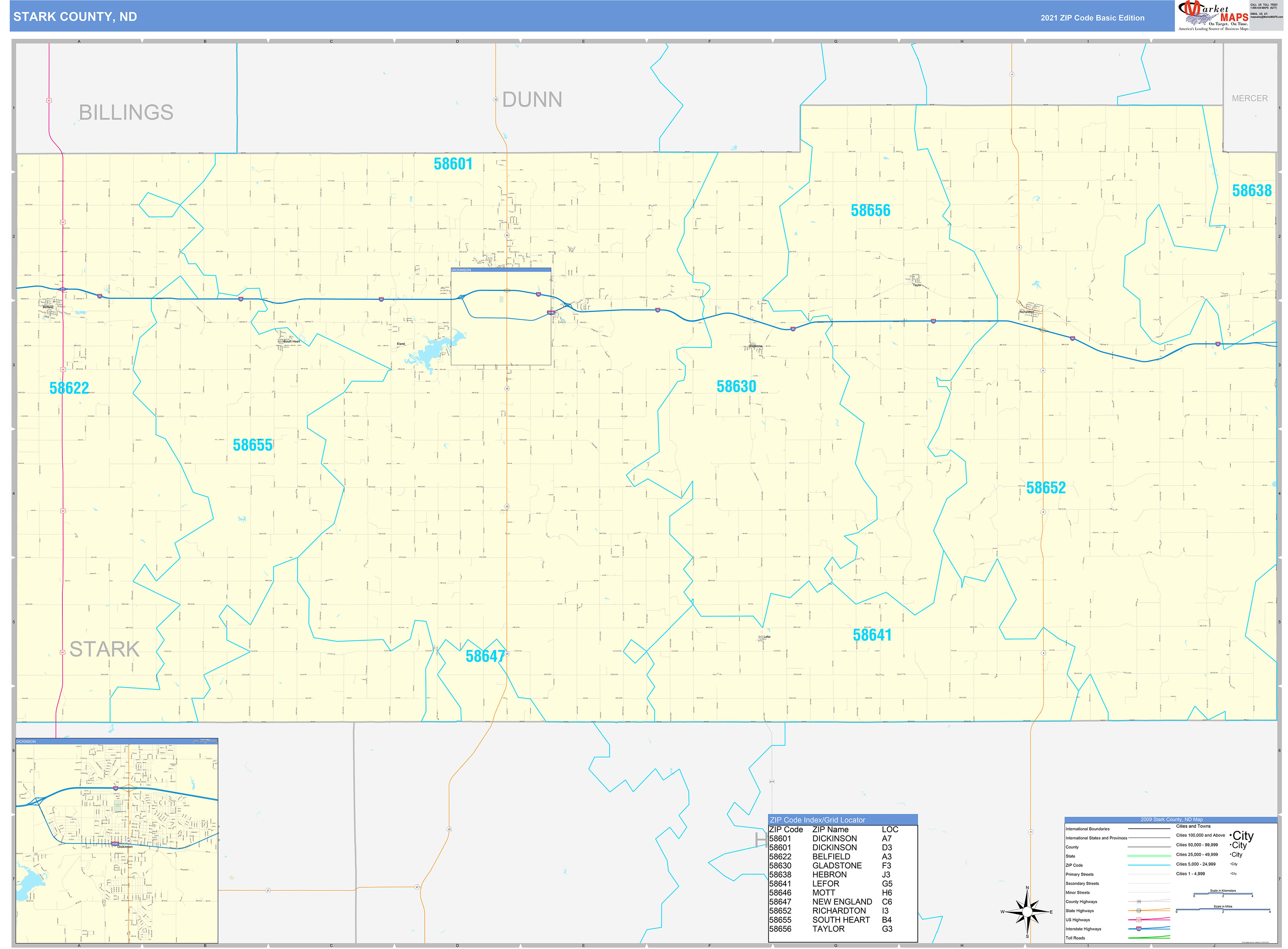 Stark County, ND Zip Code Wall Map Basic Style by MarketMAPS MapSales