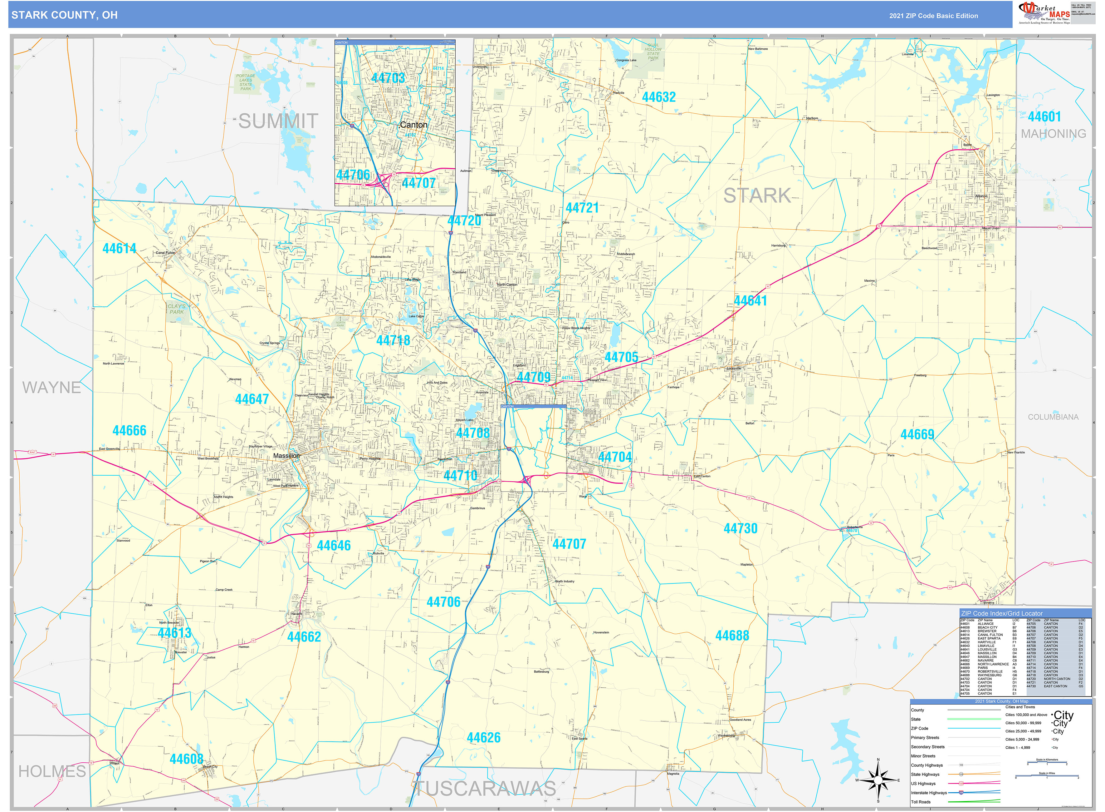 Stark County, OH Zip Code Wall Map Basic Style by MarketMAPS MapSales