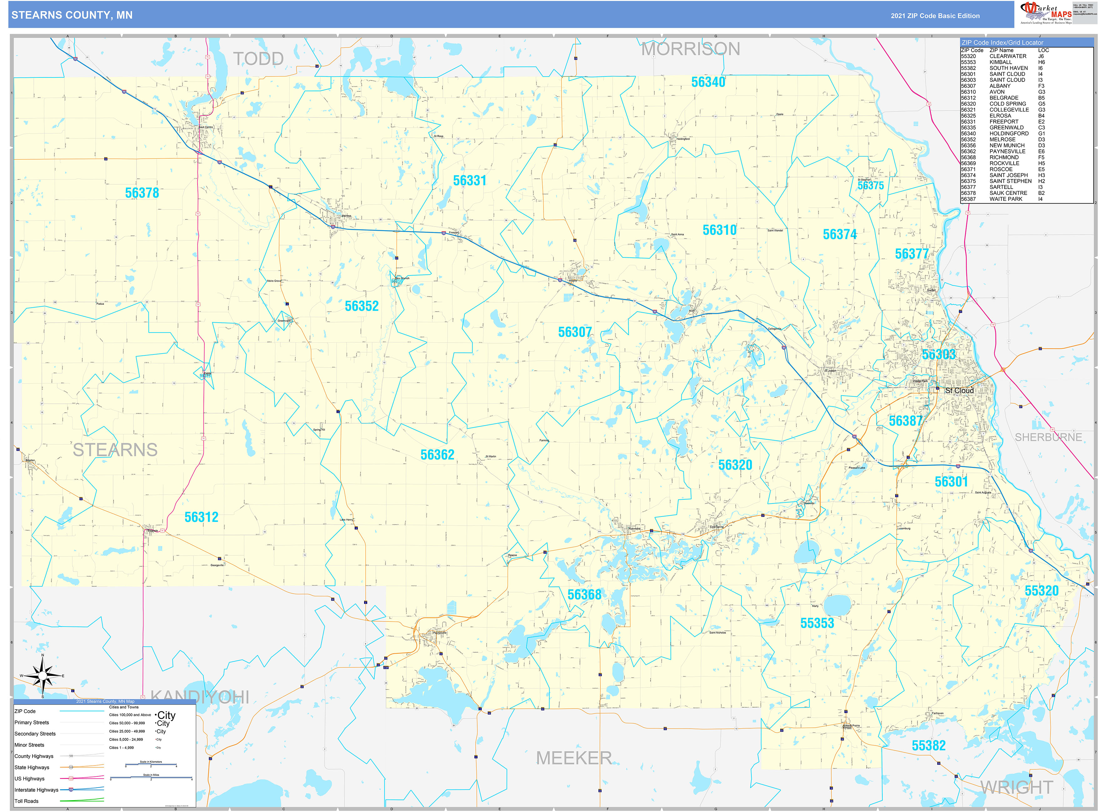 Stearns County, MN Zip Code Wall Map Basic Style by MarketMAPS - MapSales