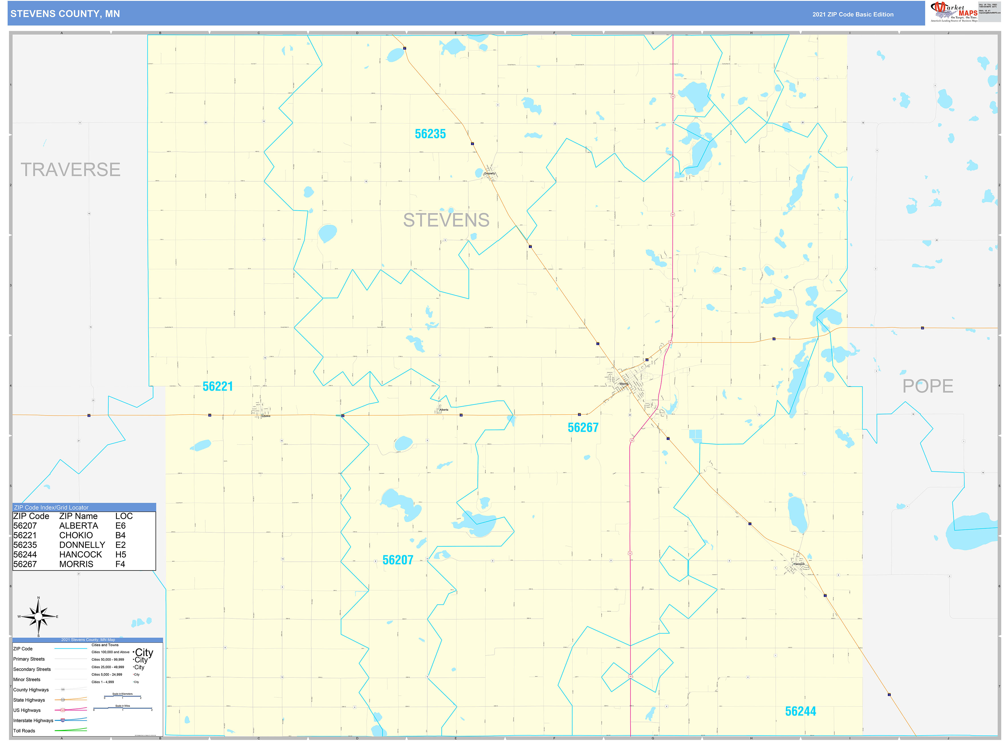 Stevens County, MN Zip Code Wall Map Basic Style by MarketMAPS