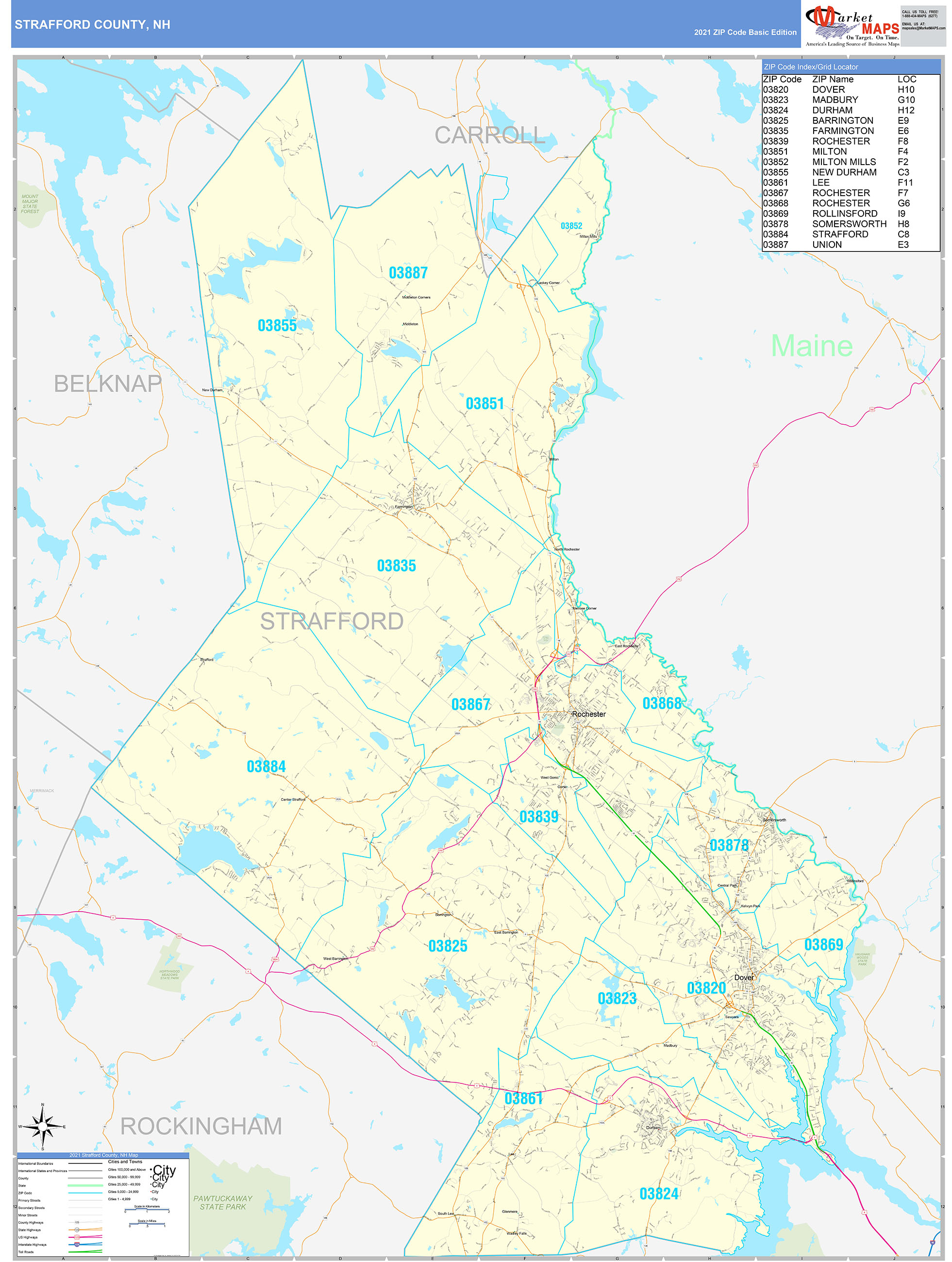 Strafford County, NH Zip Code Wall Map Basic Style by MarketMAPS - MapSales