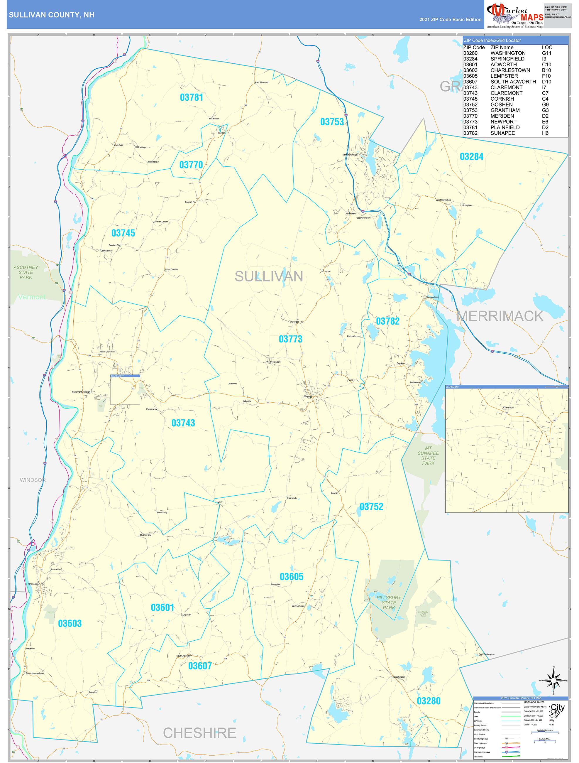 Sullivan County, NH Zip Code Wall Map Basic Style by MarketMAPS