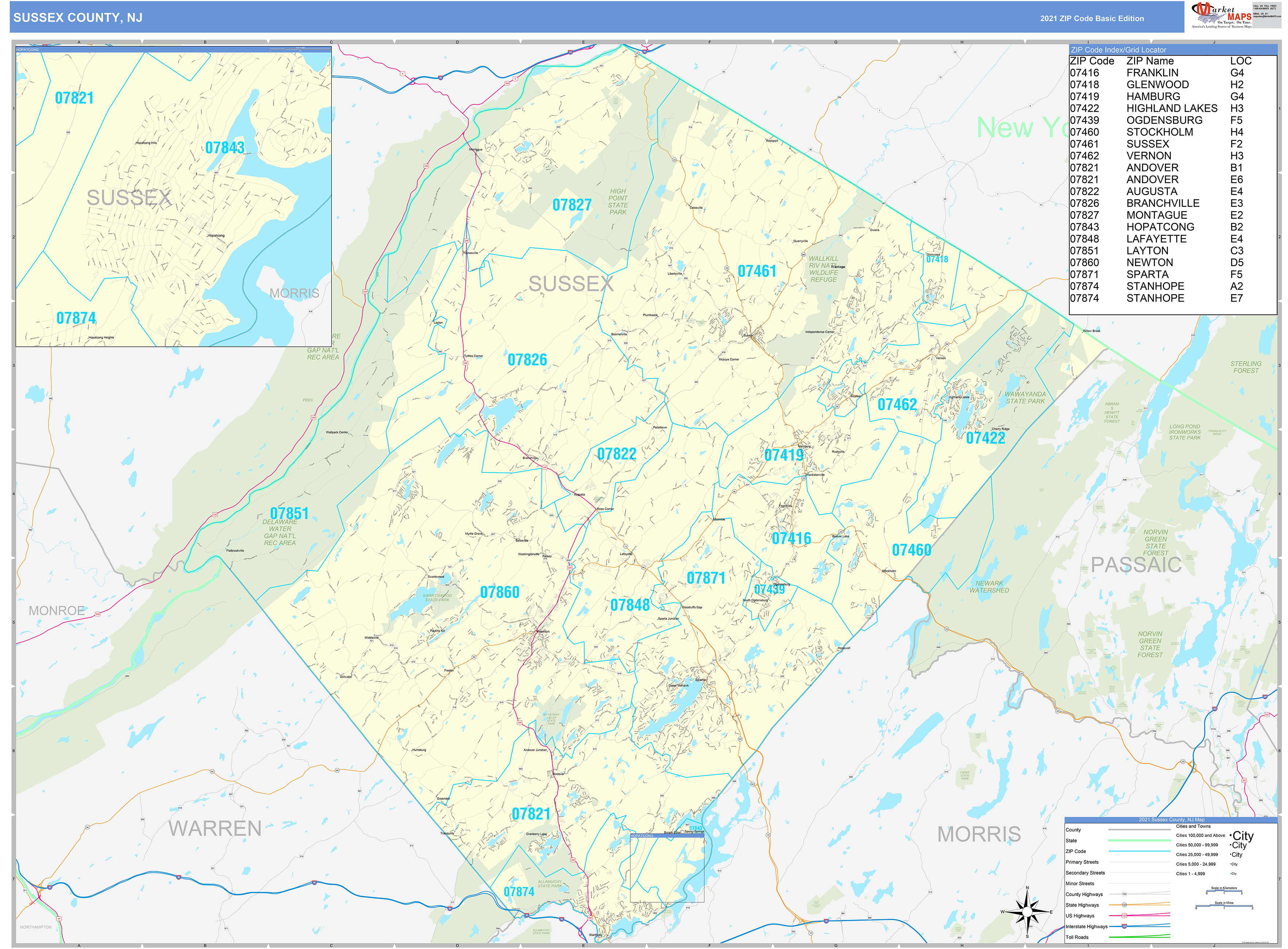 Sussex County Nj Zip Code Wall Map Basic Style By Marketmaps 0200