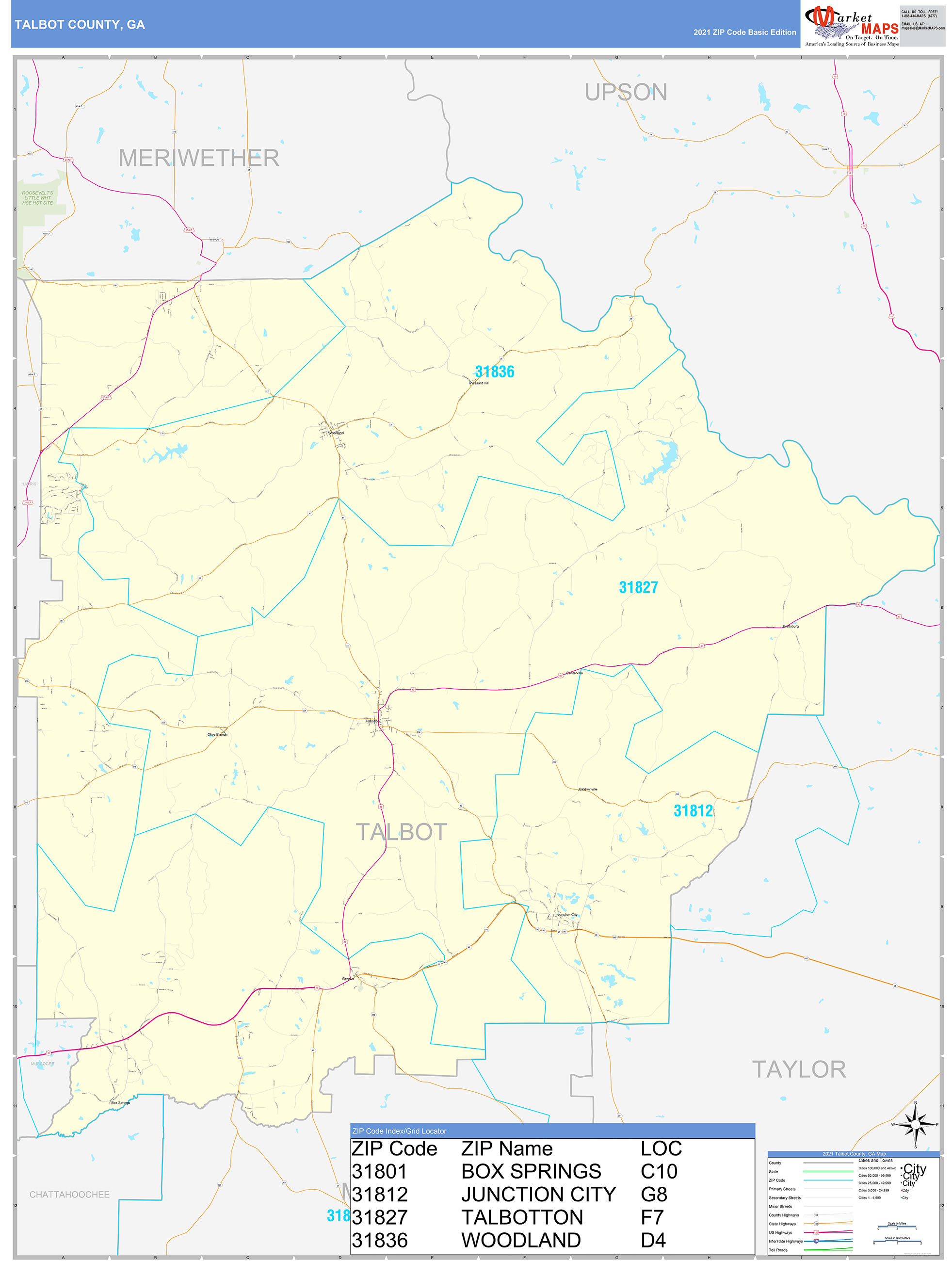 Talbot County, GA Zip Code Wall Map Basic Style by MarketMAPS