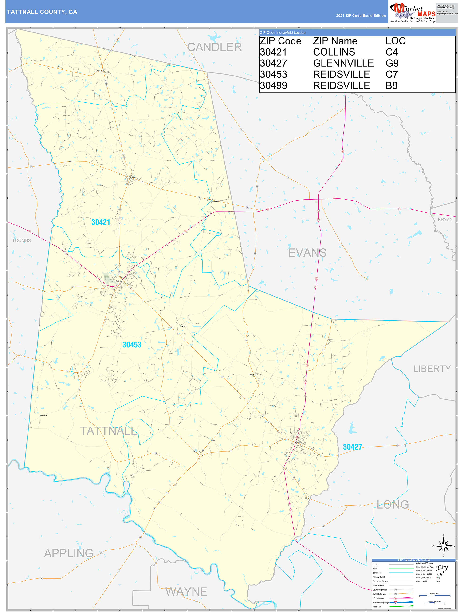 Tattnall County, GA Zip Code Wall Map Basic Style by MarketMAPS - MapSales