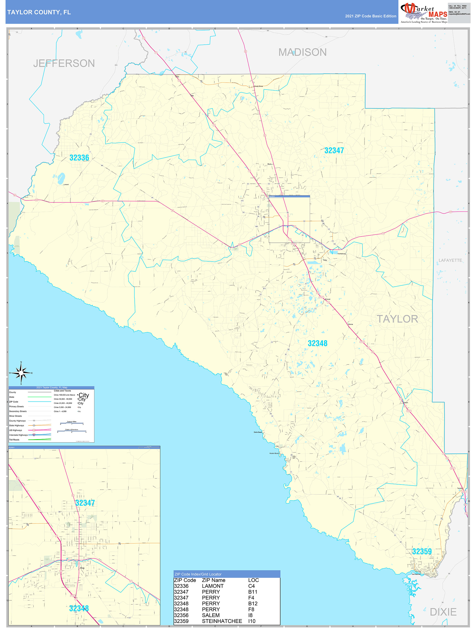 Taylor County, FL Zip Code Wall Map Basic Style by MarketMAPS - MapSales